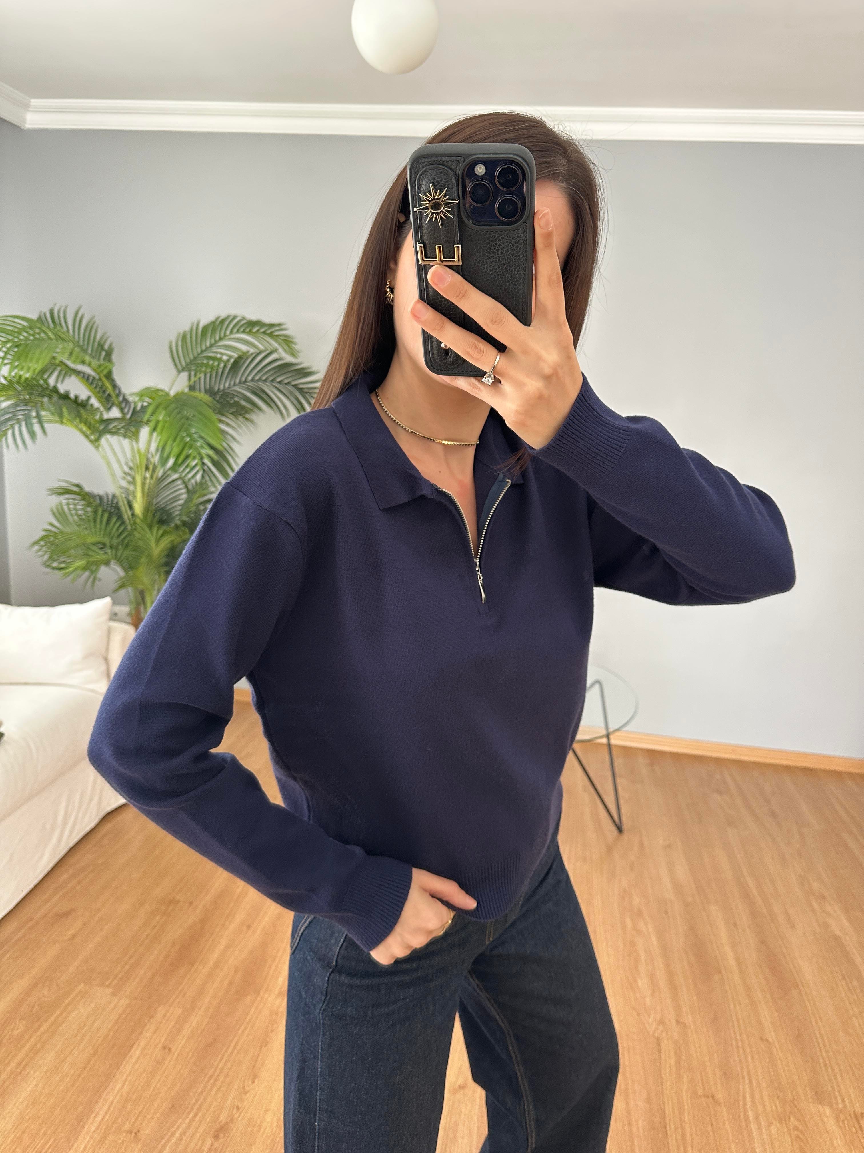 Çelik Örme Lacivert Fermuarlı Triko