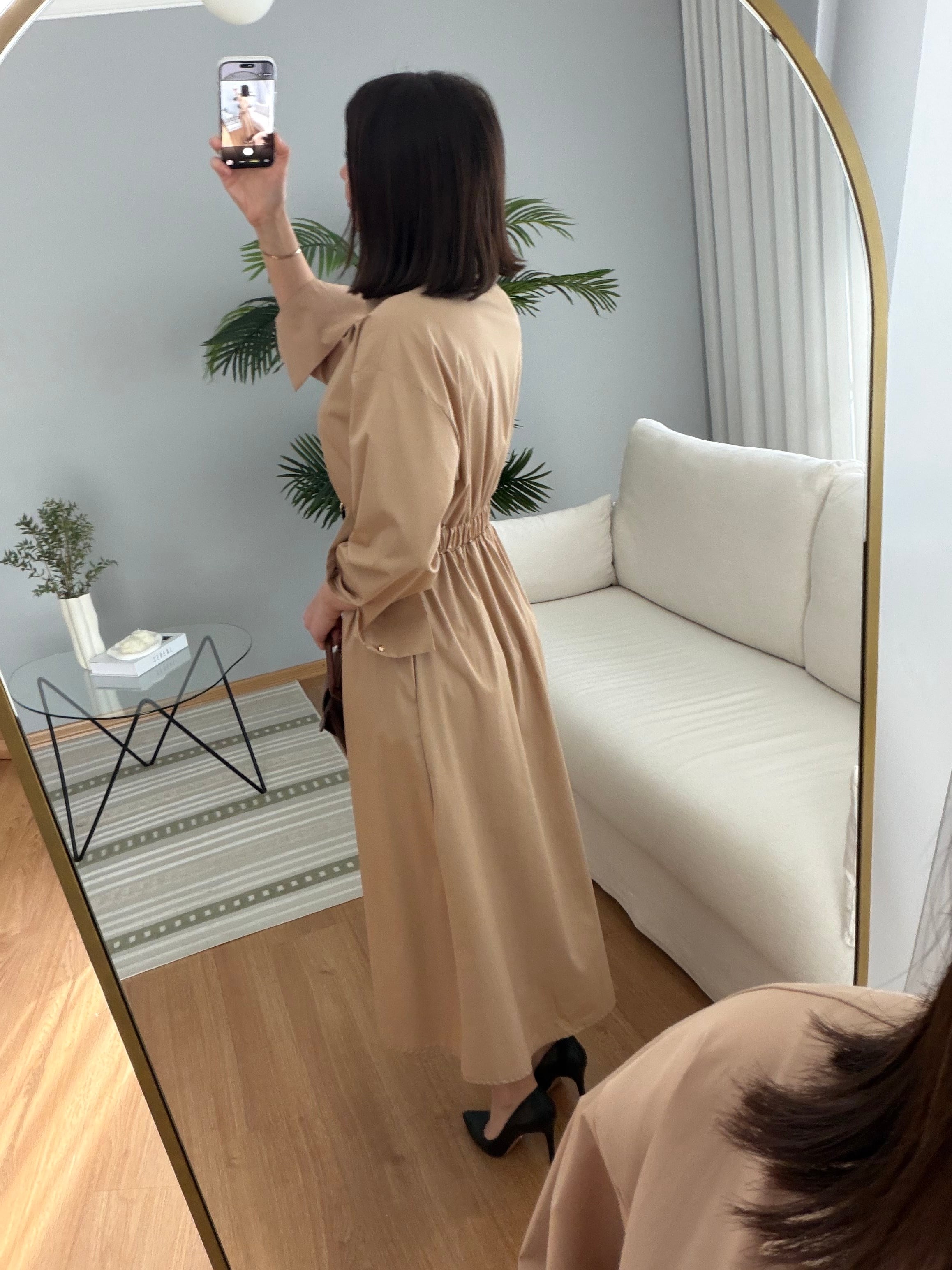 Coqueli Kemer Detaylı Camel Renk Elbise