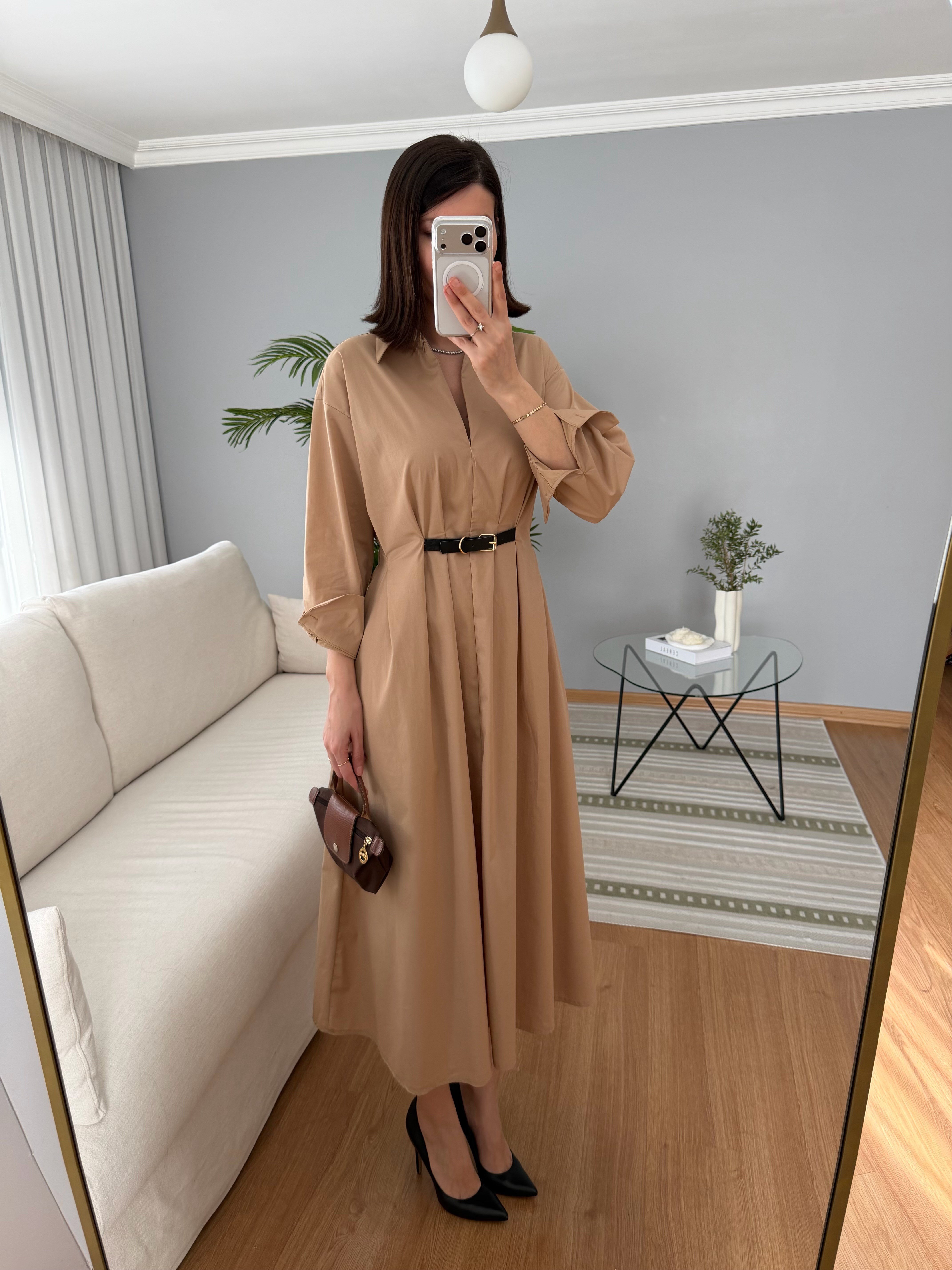 Coqueli Kemer Detaylı Camel Renk Elbise