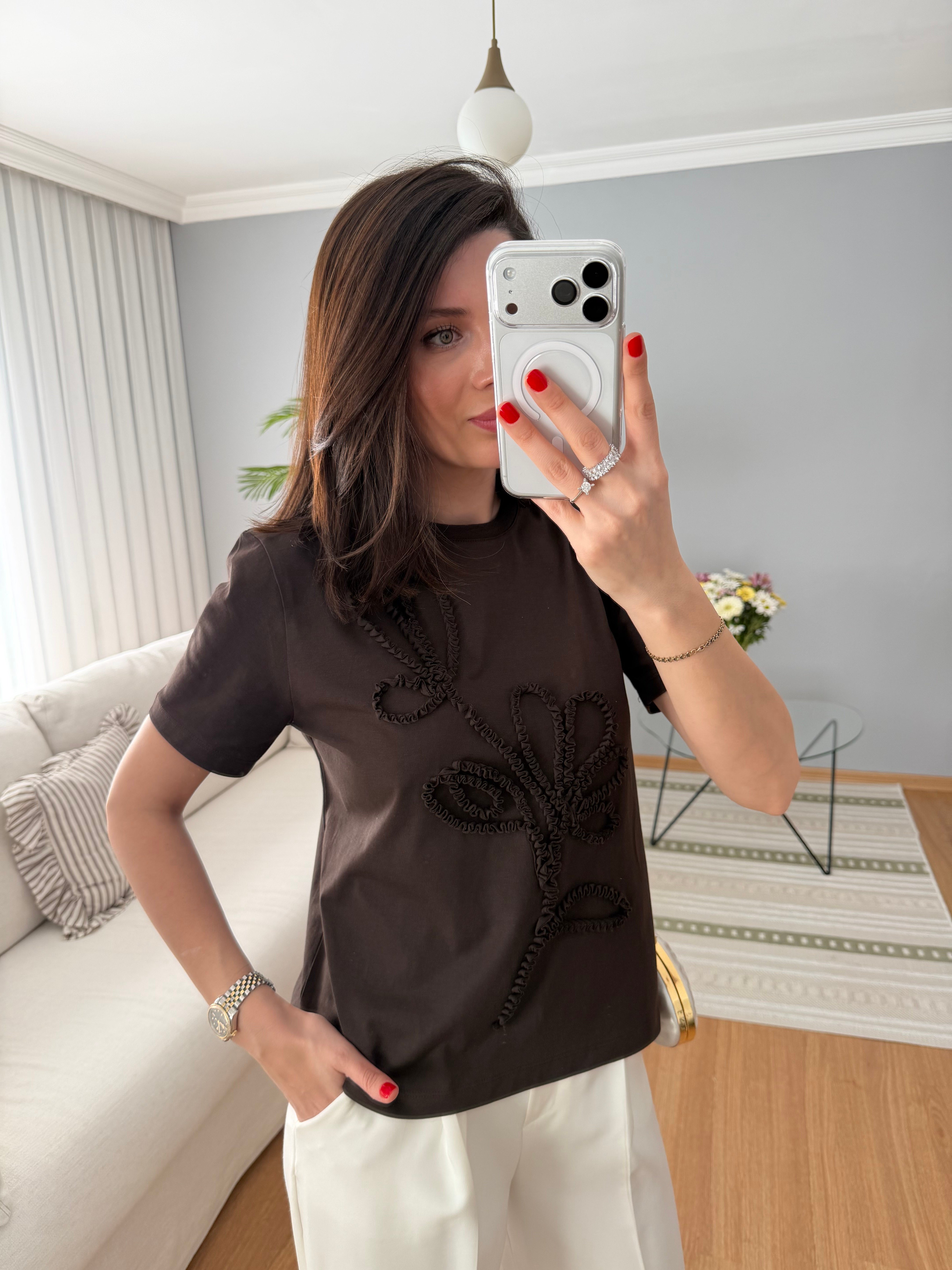 Cora Büzgü Model Kahve Tişört 