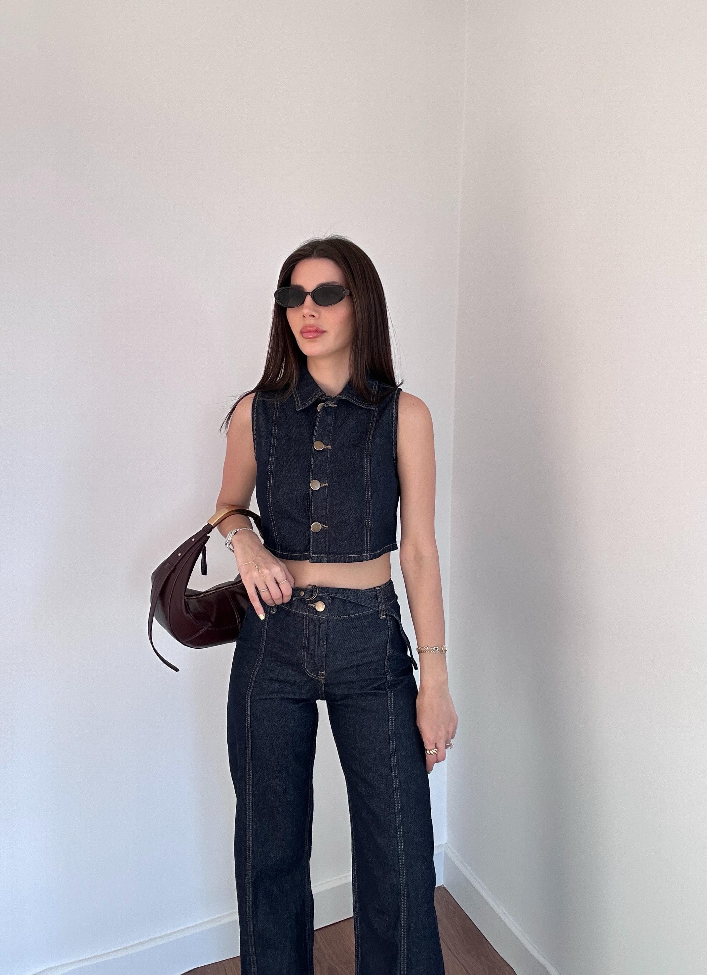 Crop Yelekli Denim Takım