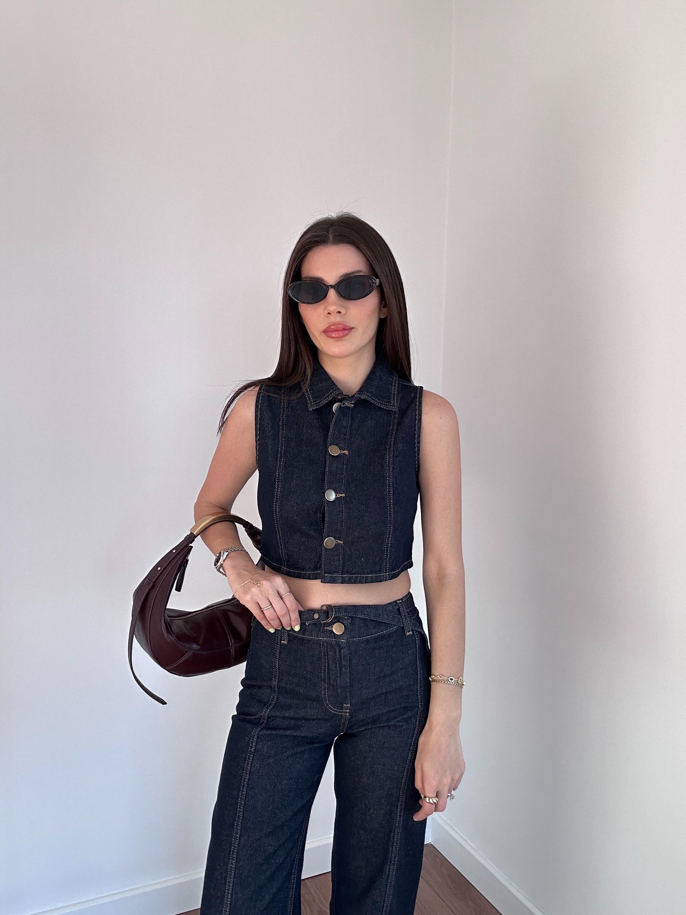Crop Yelekli Denim Takım
