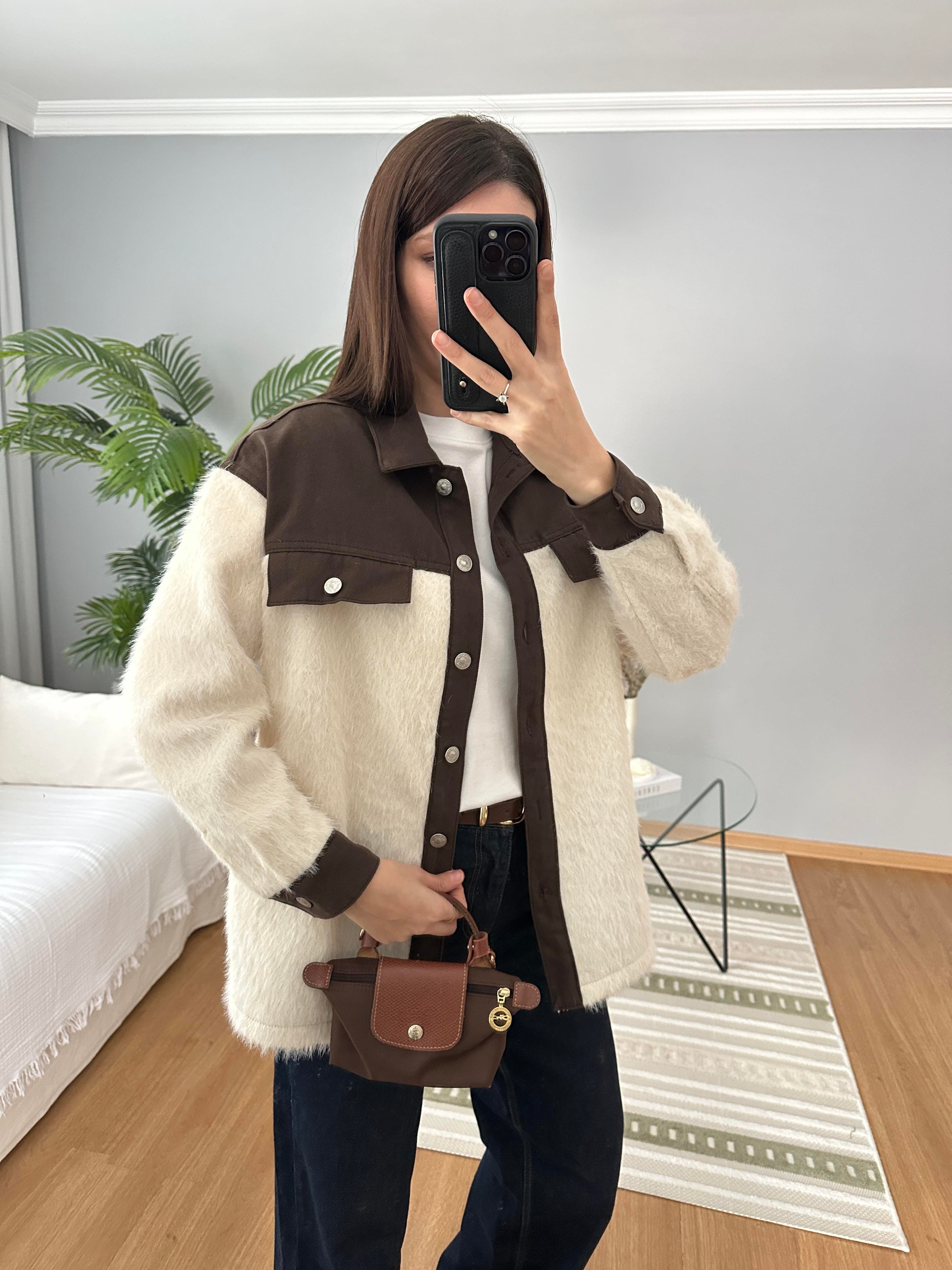 Denim Detaylı Ekru Renk Yün Ceket 