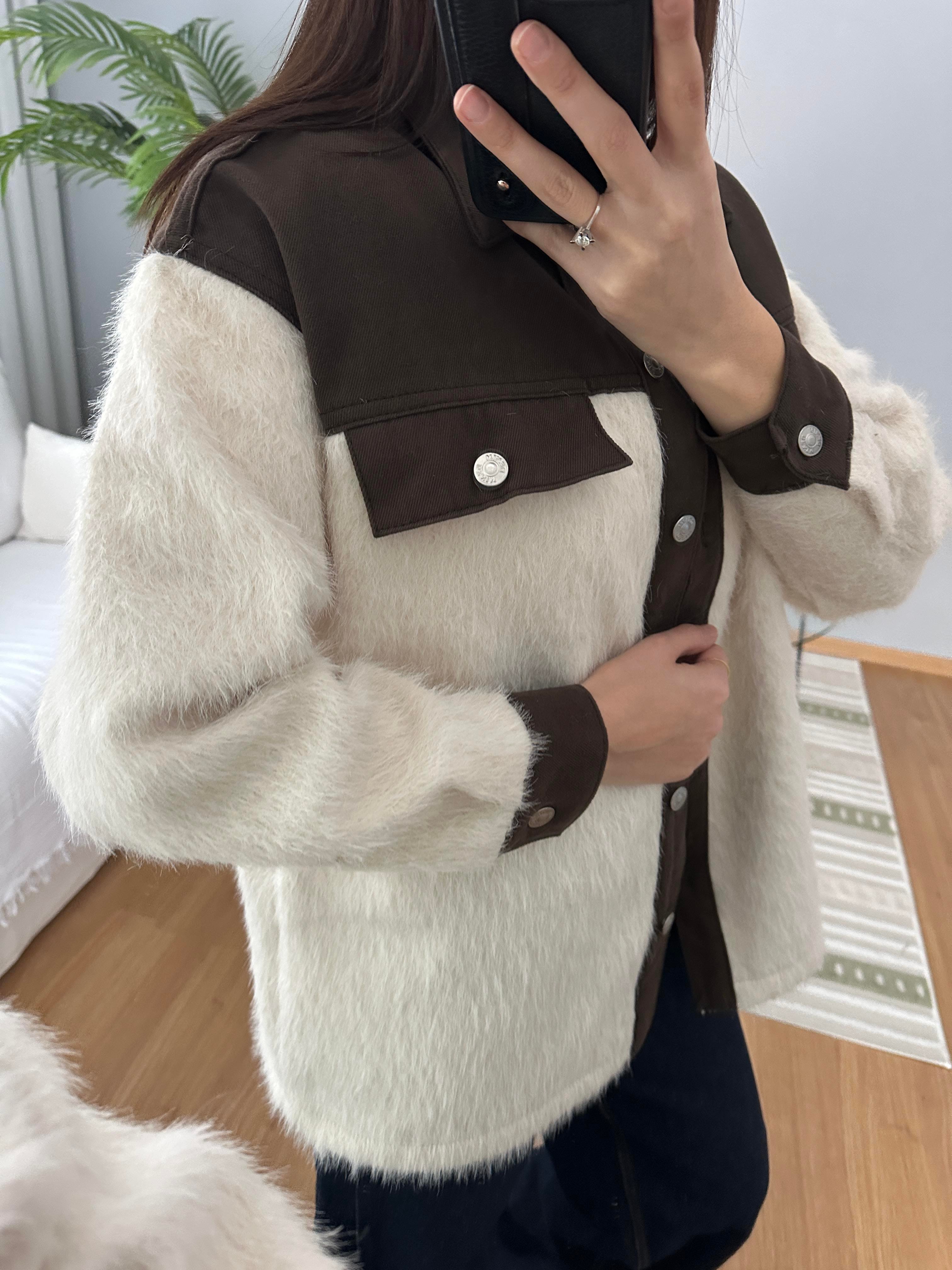 Denim Detaylı Ekru Renk Yün Ceket 