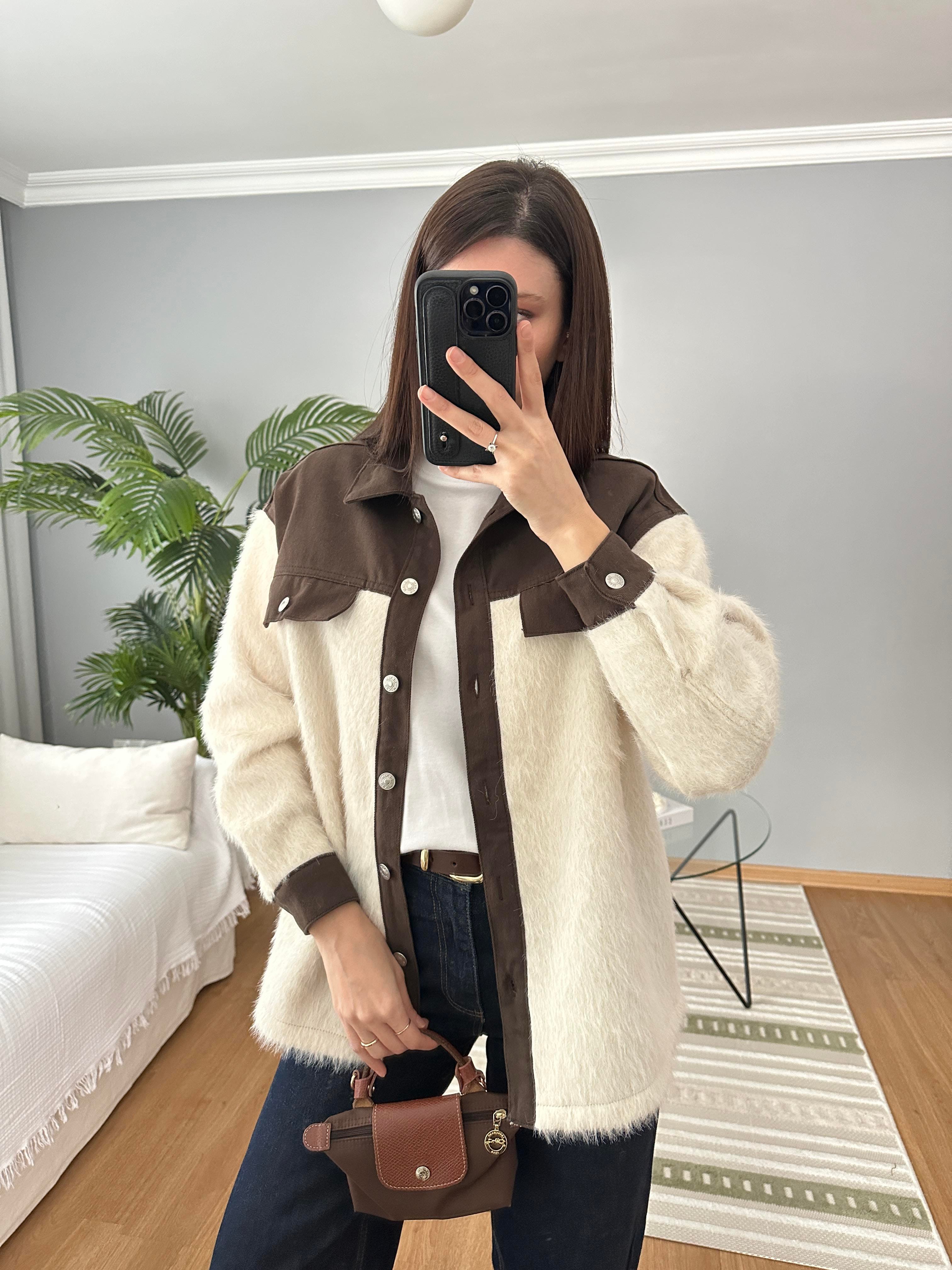 Denim Detaylı Ekru Renk Yün Ceket 