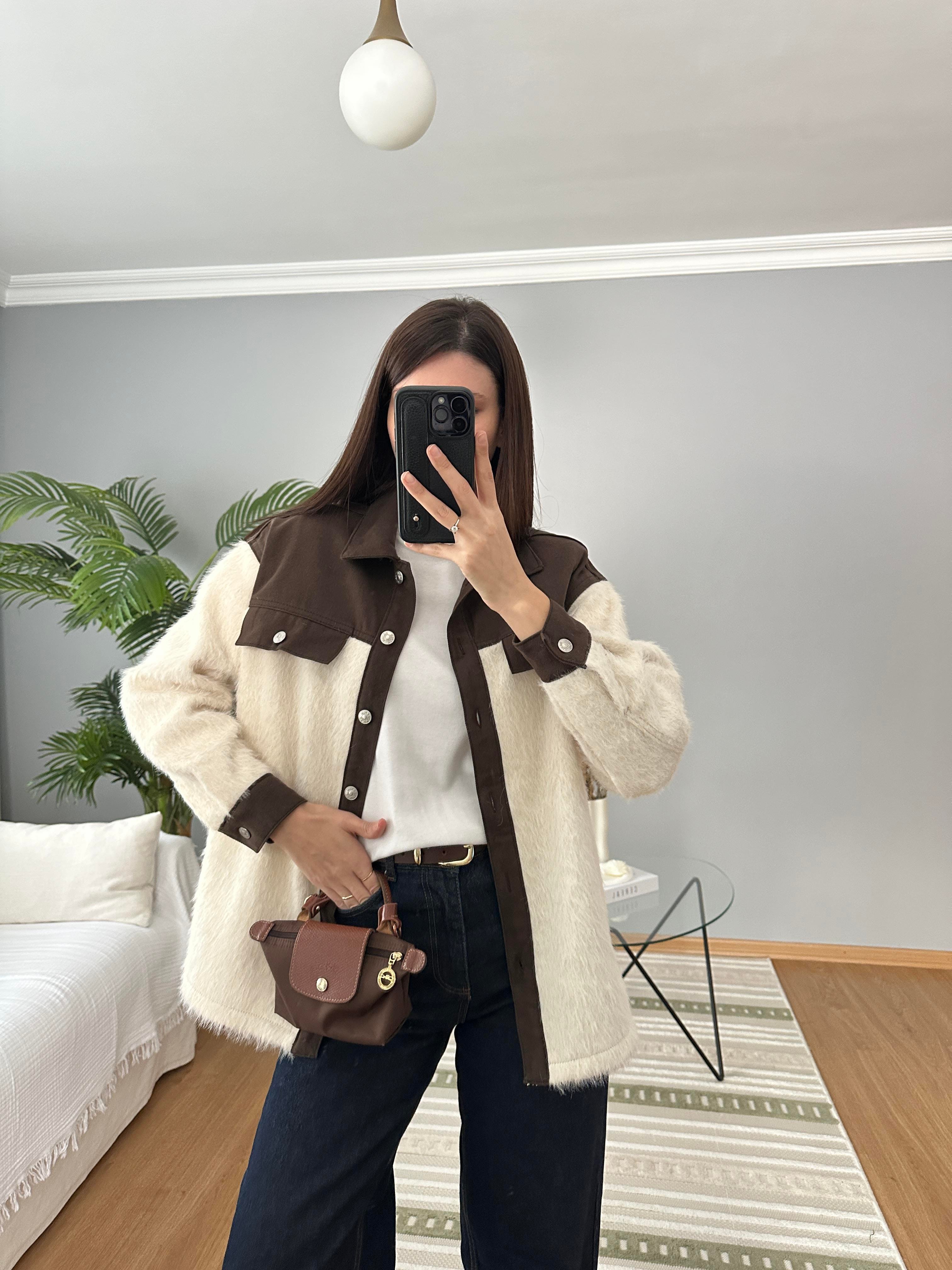 Denim Detaylı Ekru Renk Yün Ceket 