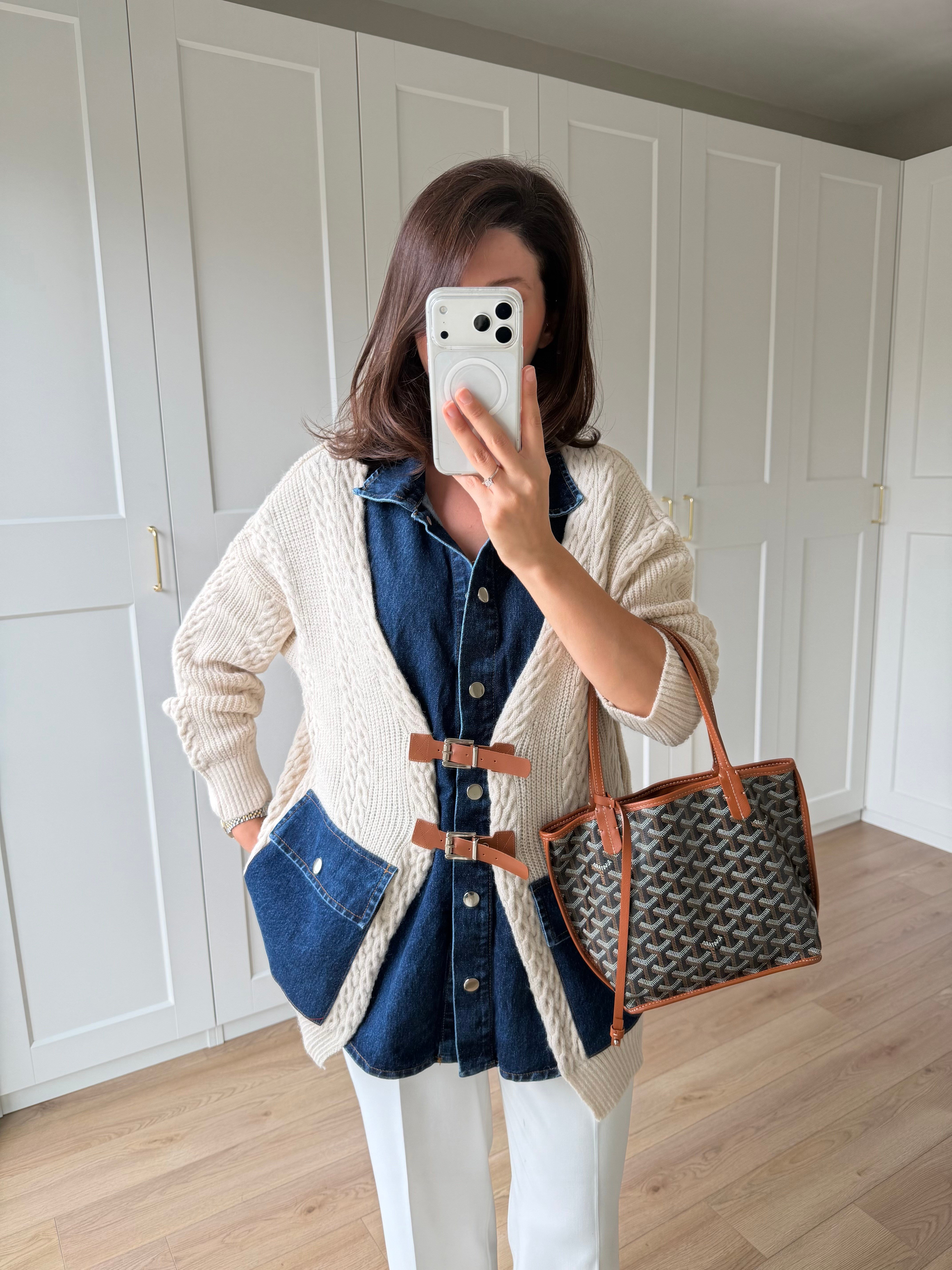 Denim Detaylı Kemerli Tasarım Hırka