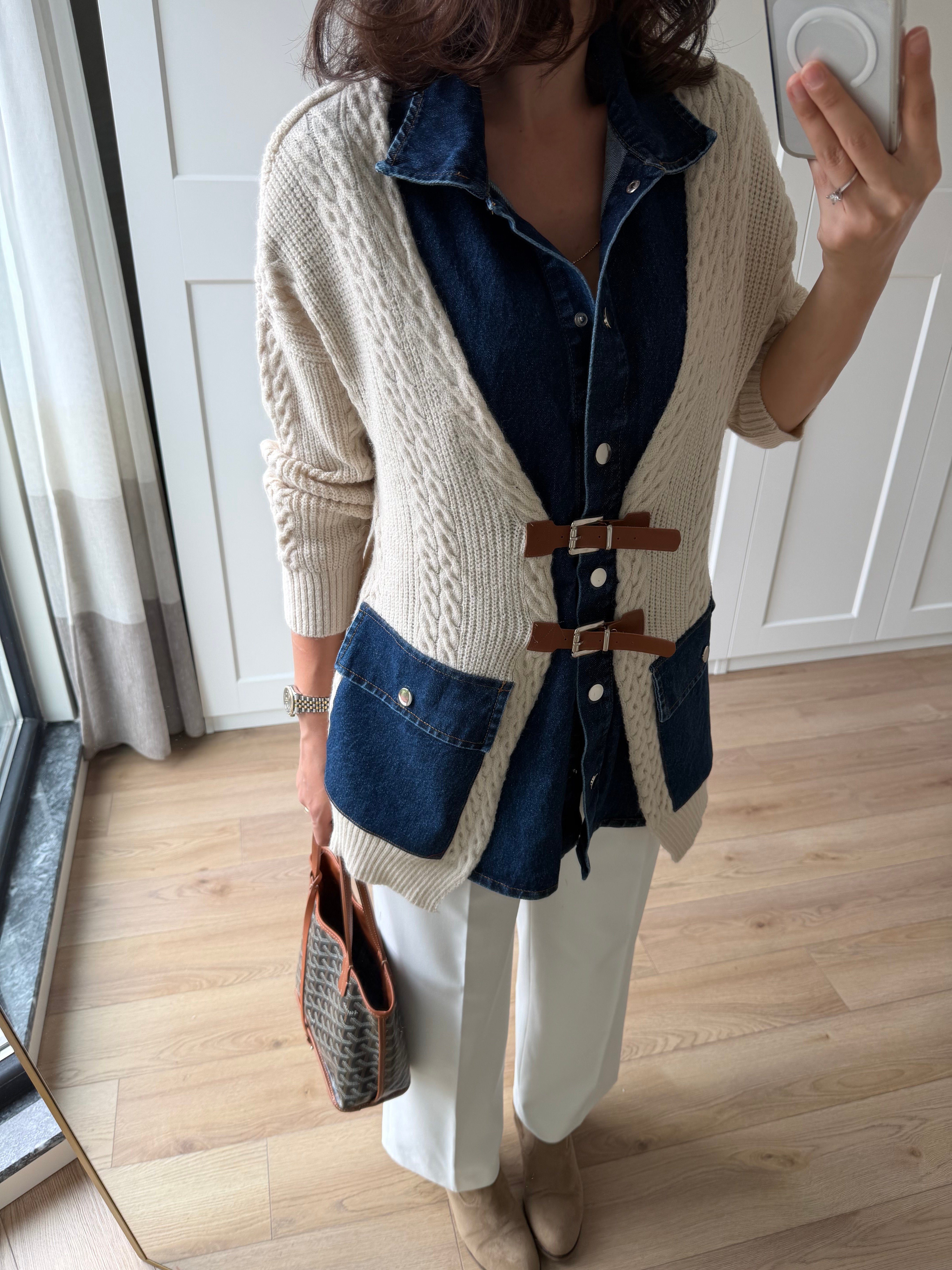 Denim Detaylı Kemerli Tasarım Hırka