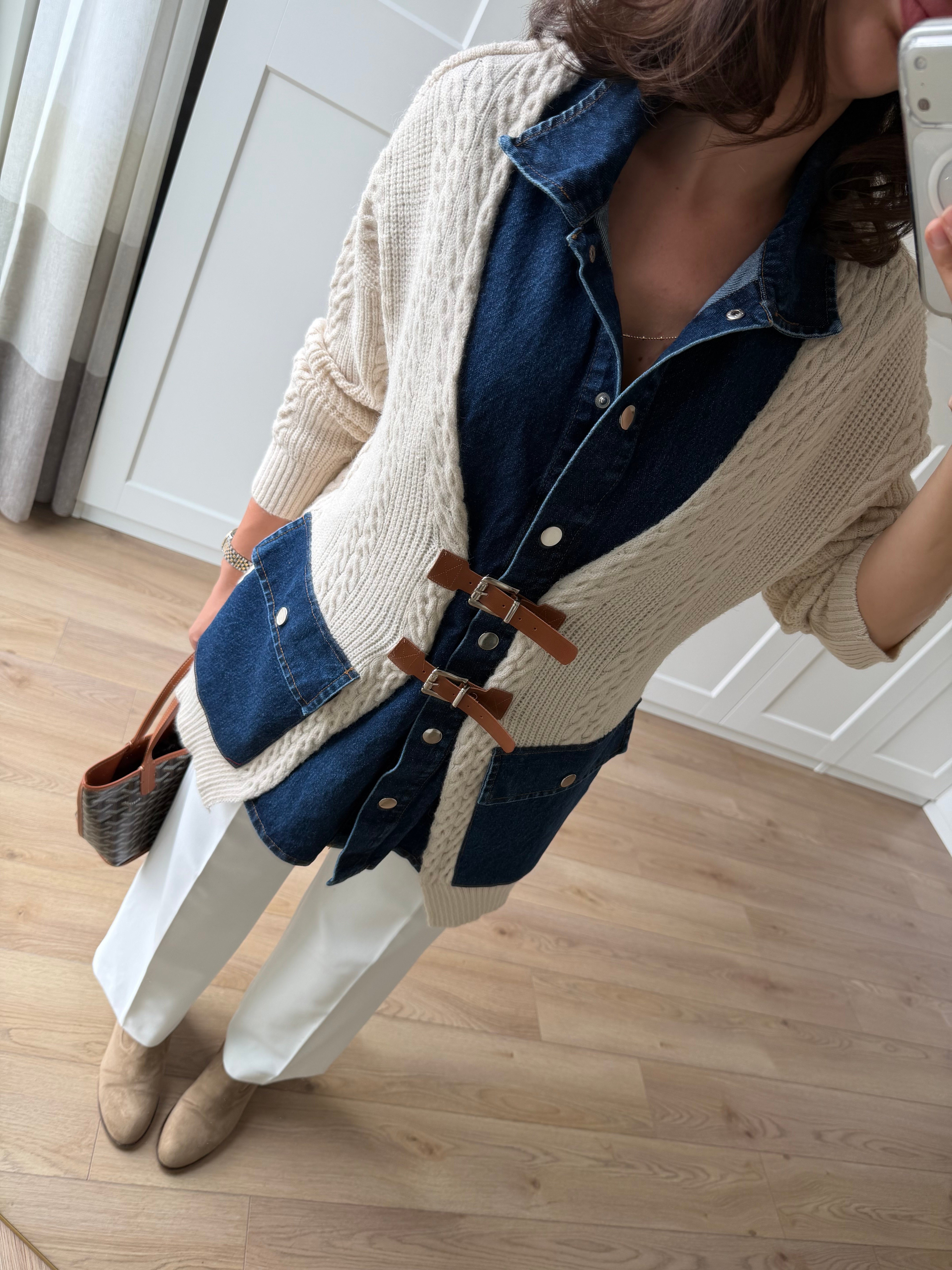 Denim Detaylı Kemerli Tasarım Hırka