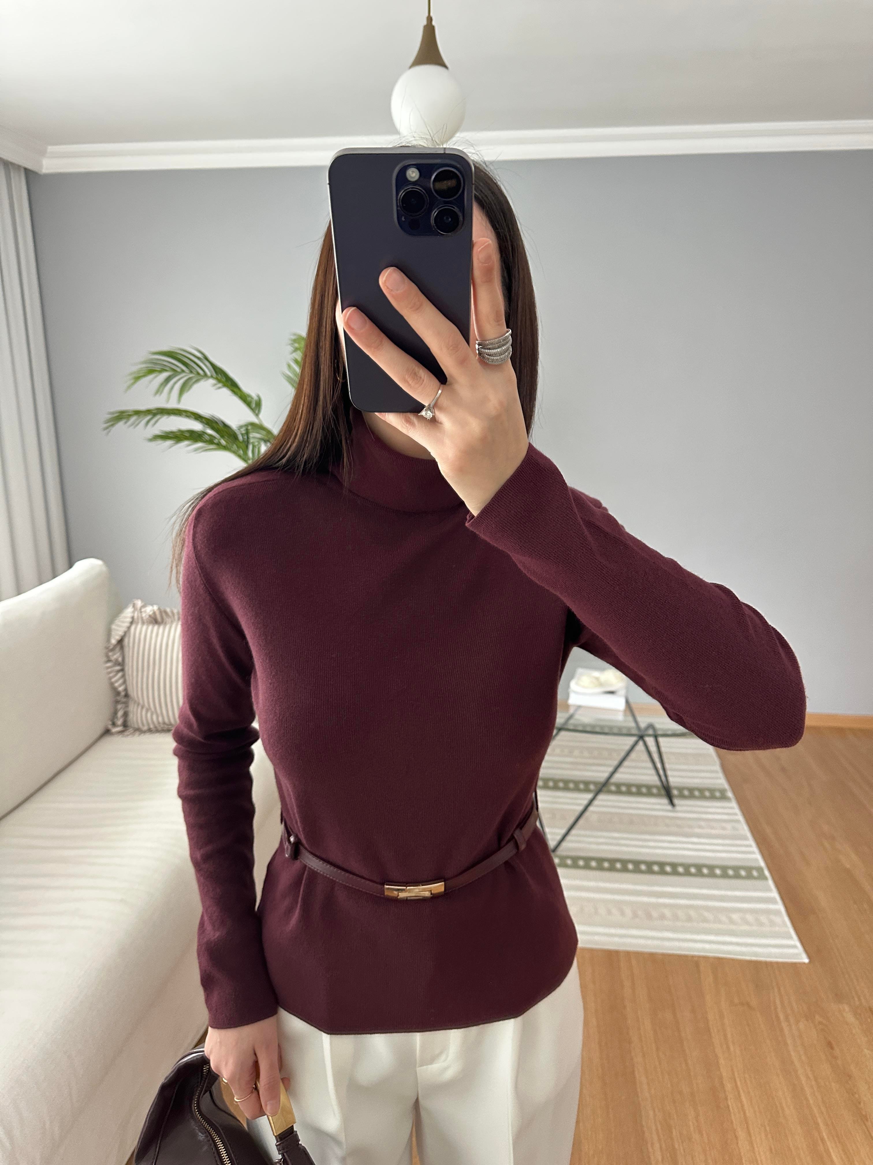 Dilvin Bordo Renk Kaşmir Karışımlı Kemerli Kazak