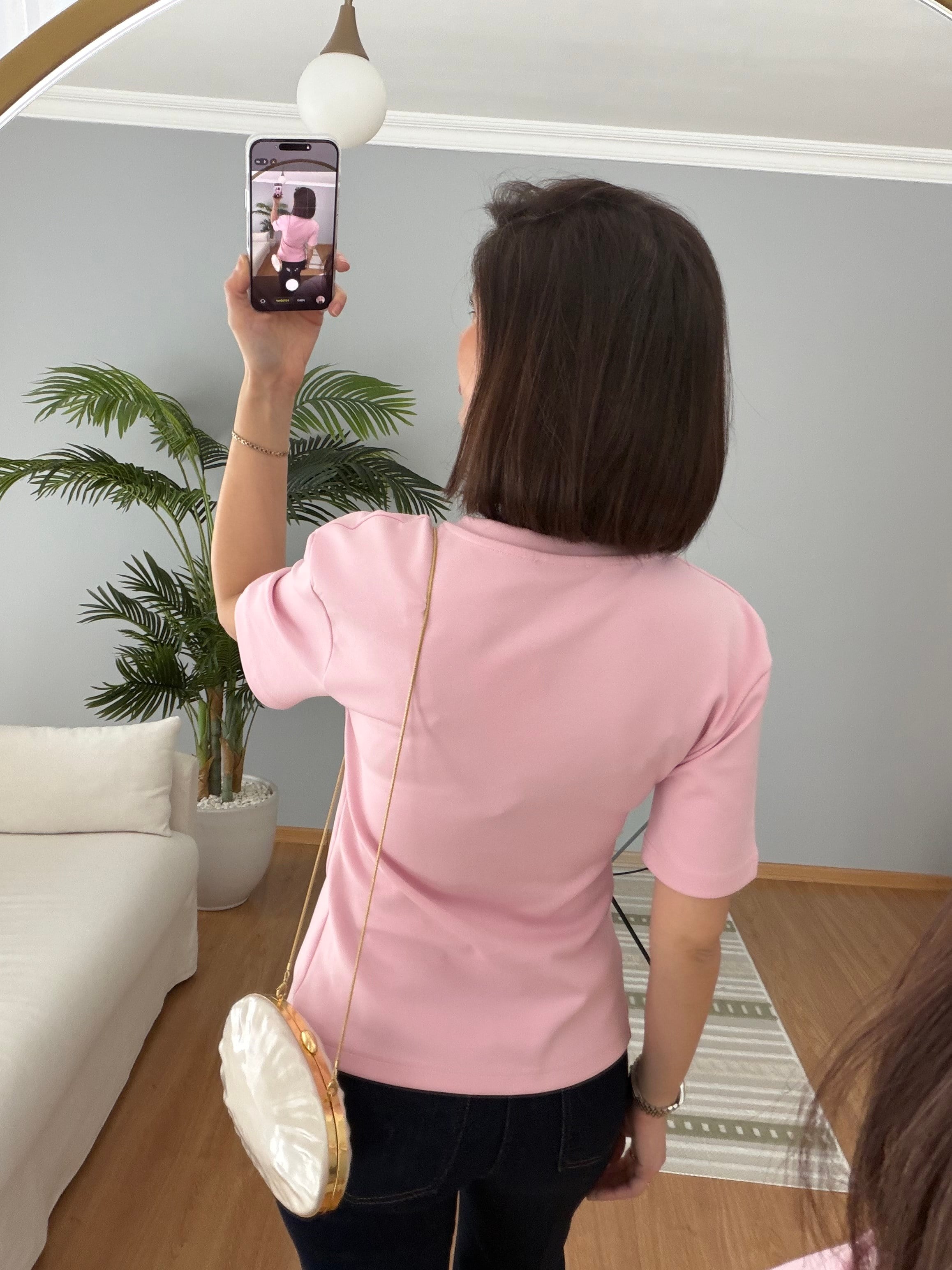 Dilvin Gold Aksesuarlı Pembe Tişört 