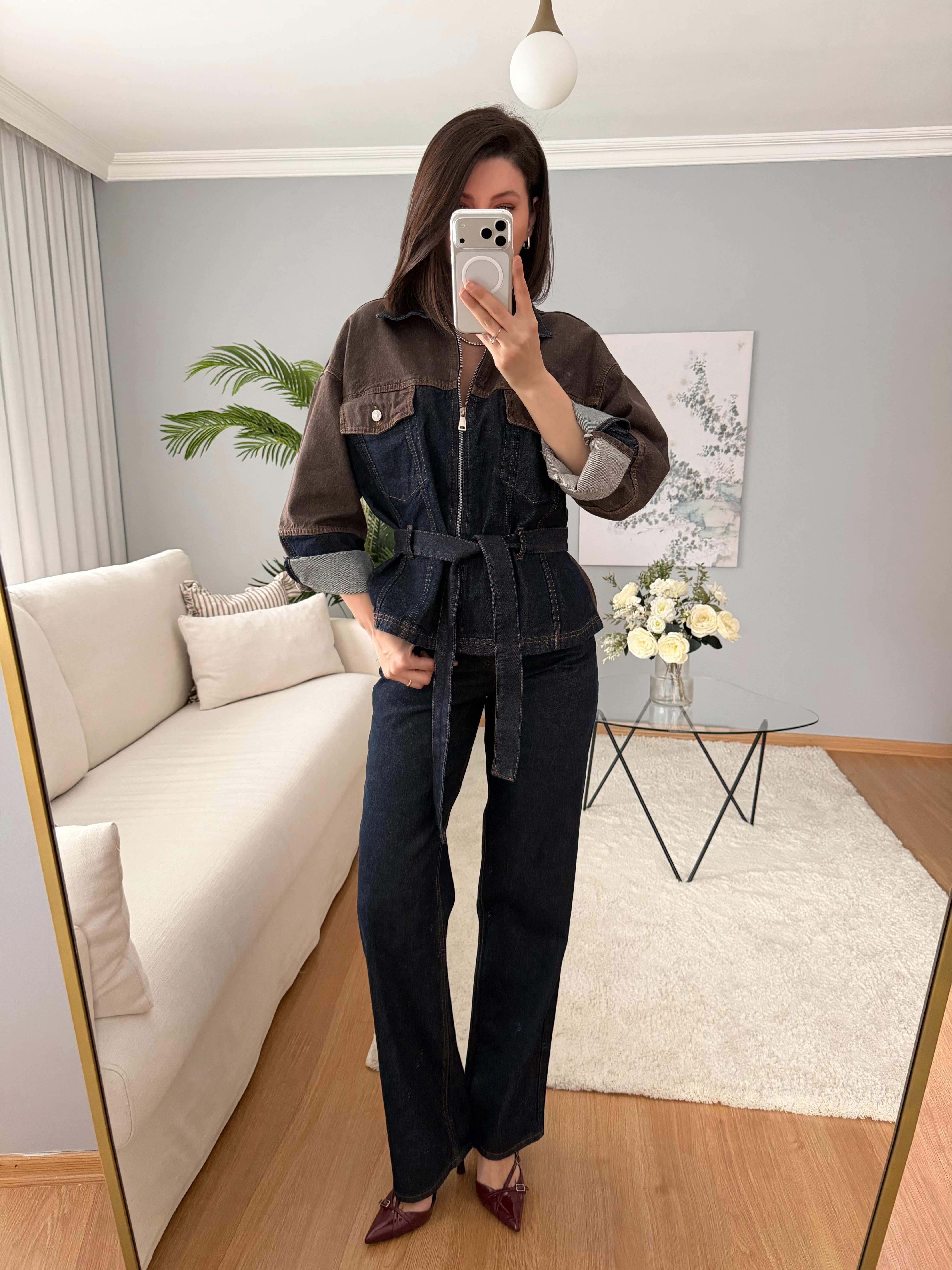 Domine Kuşaklı Denim Takım