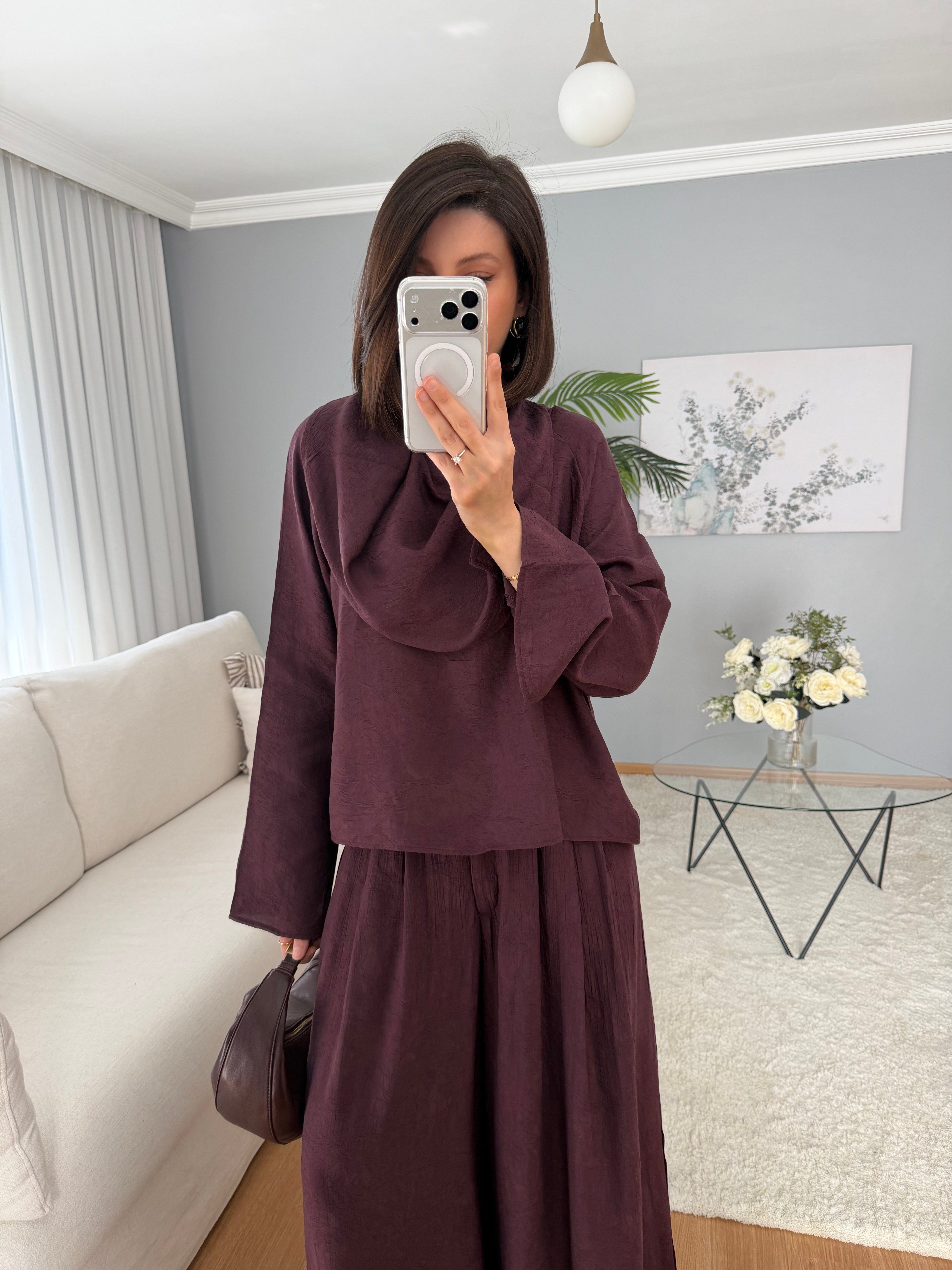 Drape Yaka Bordo Takım