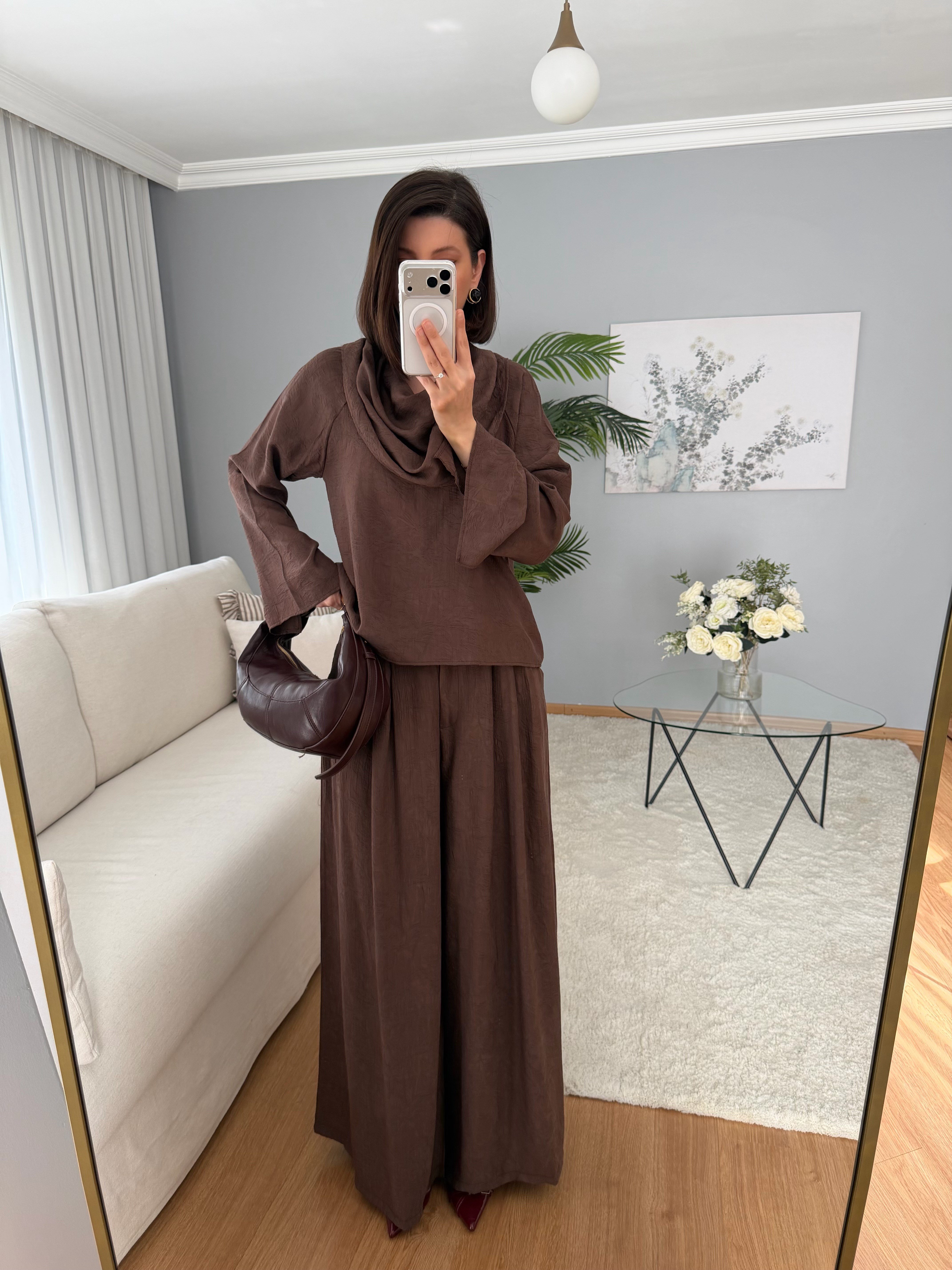 Drape Yaka Pantolonlu Kahve Takım