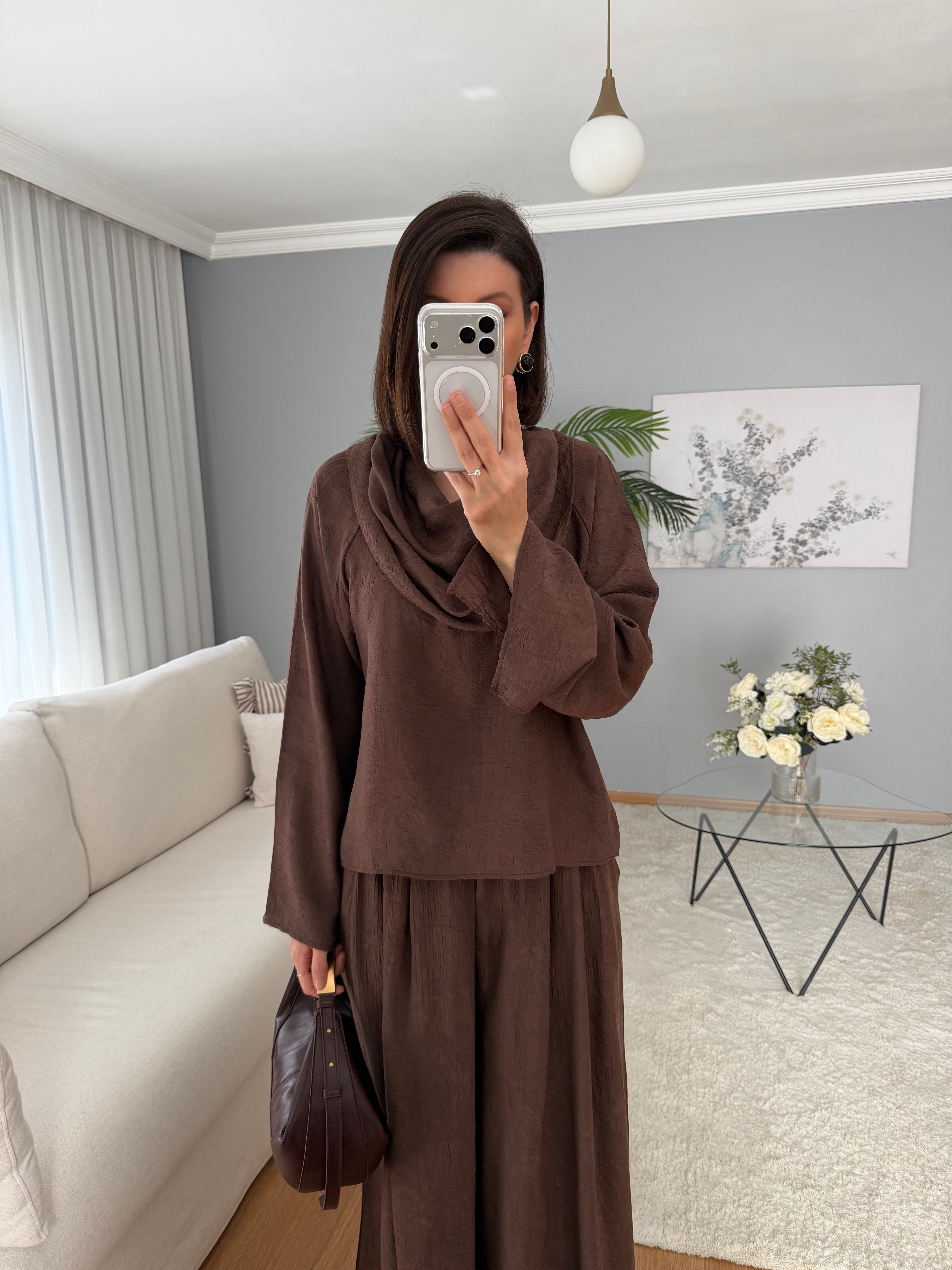 Drape Yaka Pantolonlu Kahve Takım