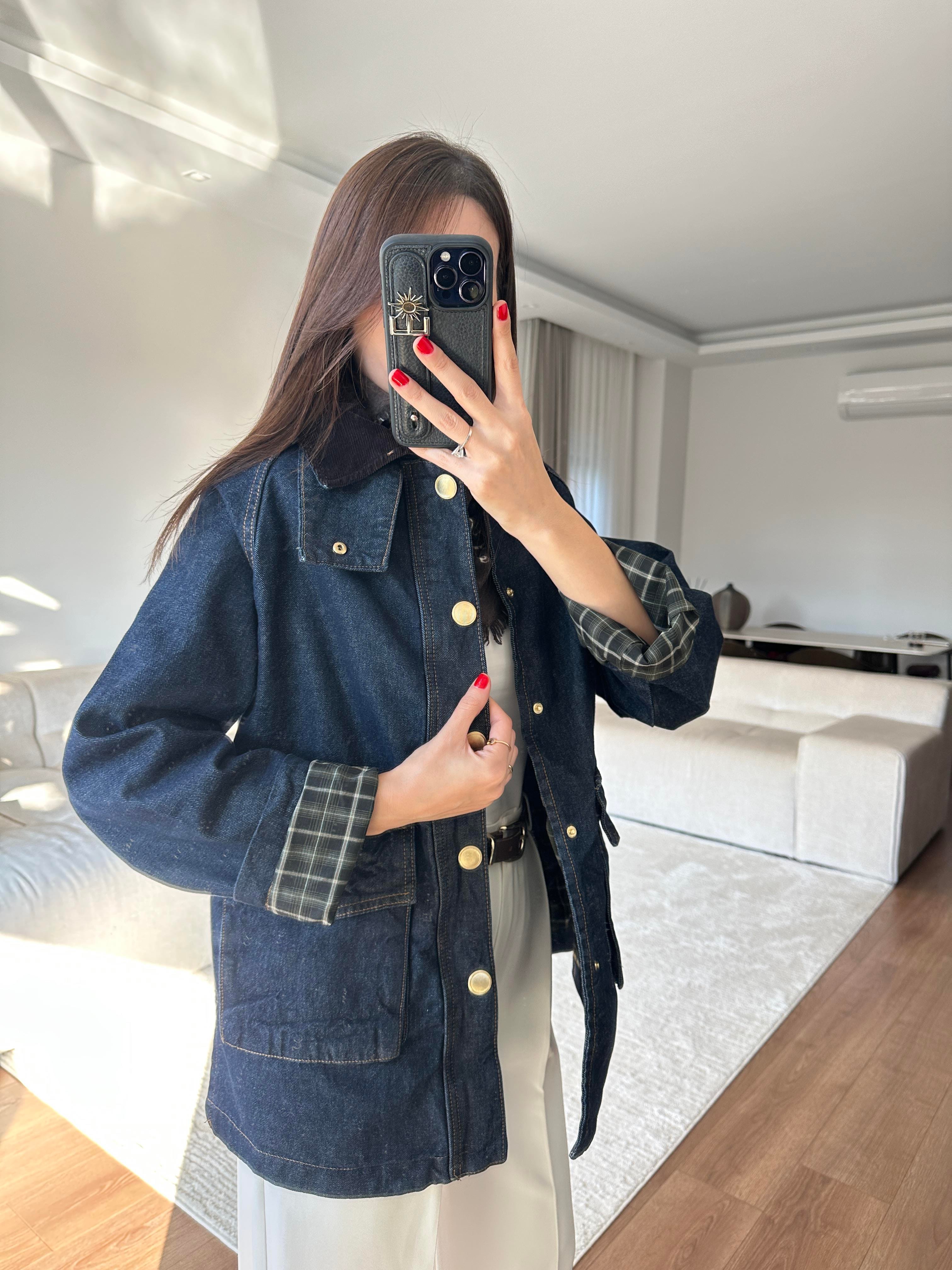 Ekose Detaylı Denim Ceket 