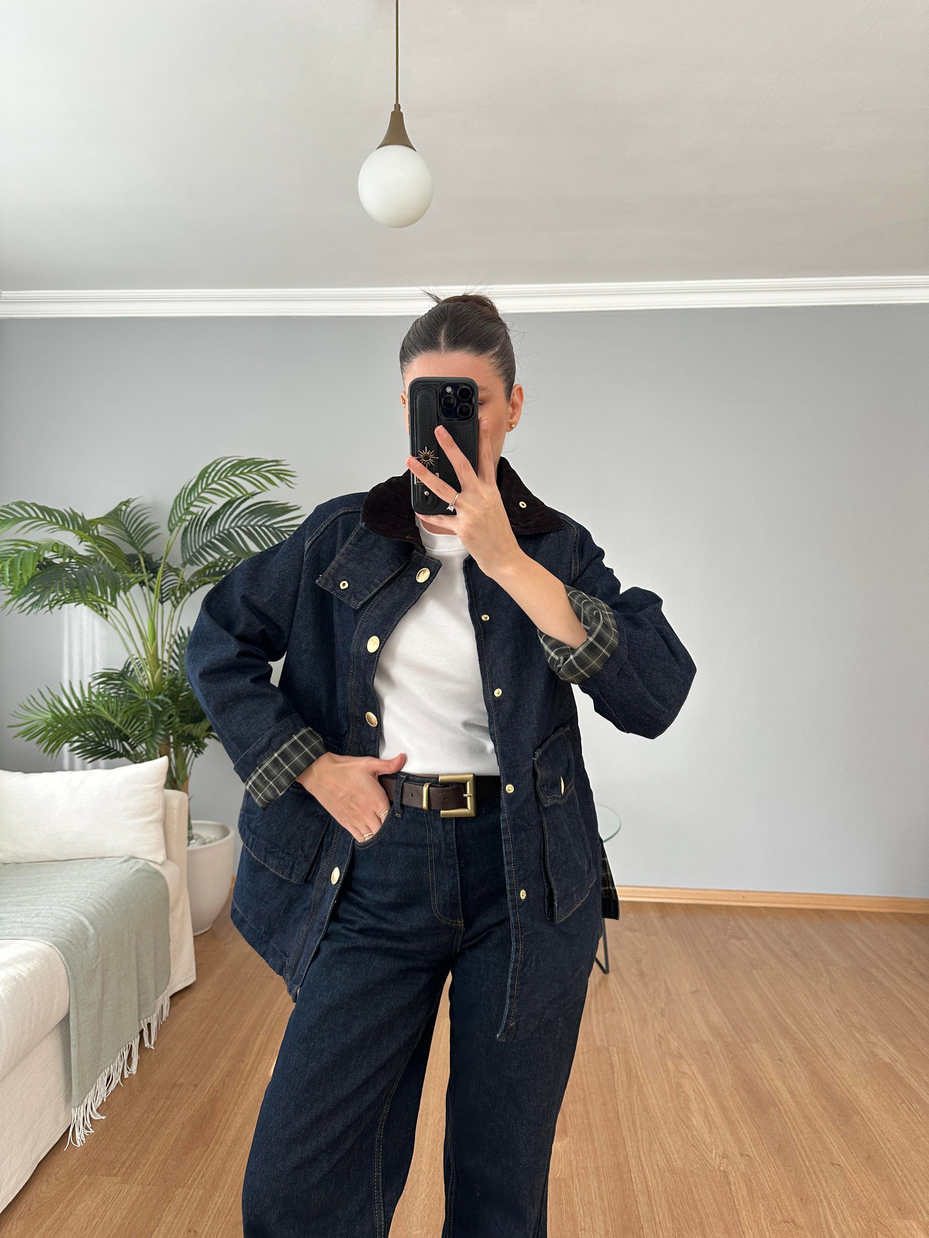Ekose Detaylı Denim Ceket 