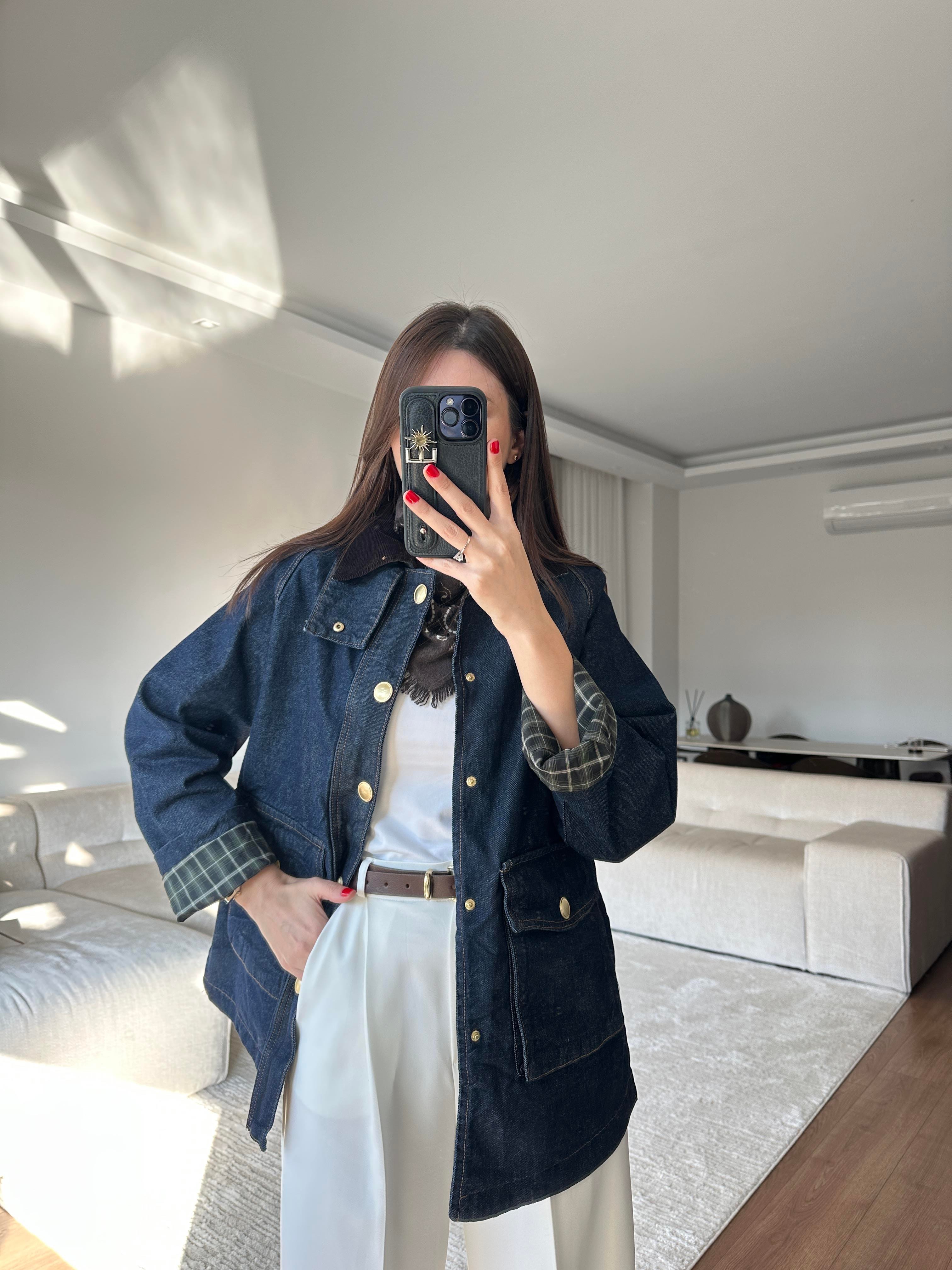 Ekose Detaylı Denim Ceket 