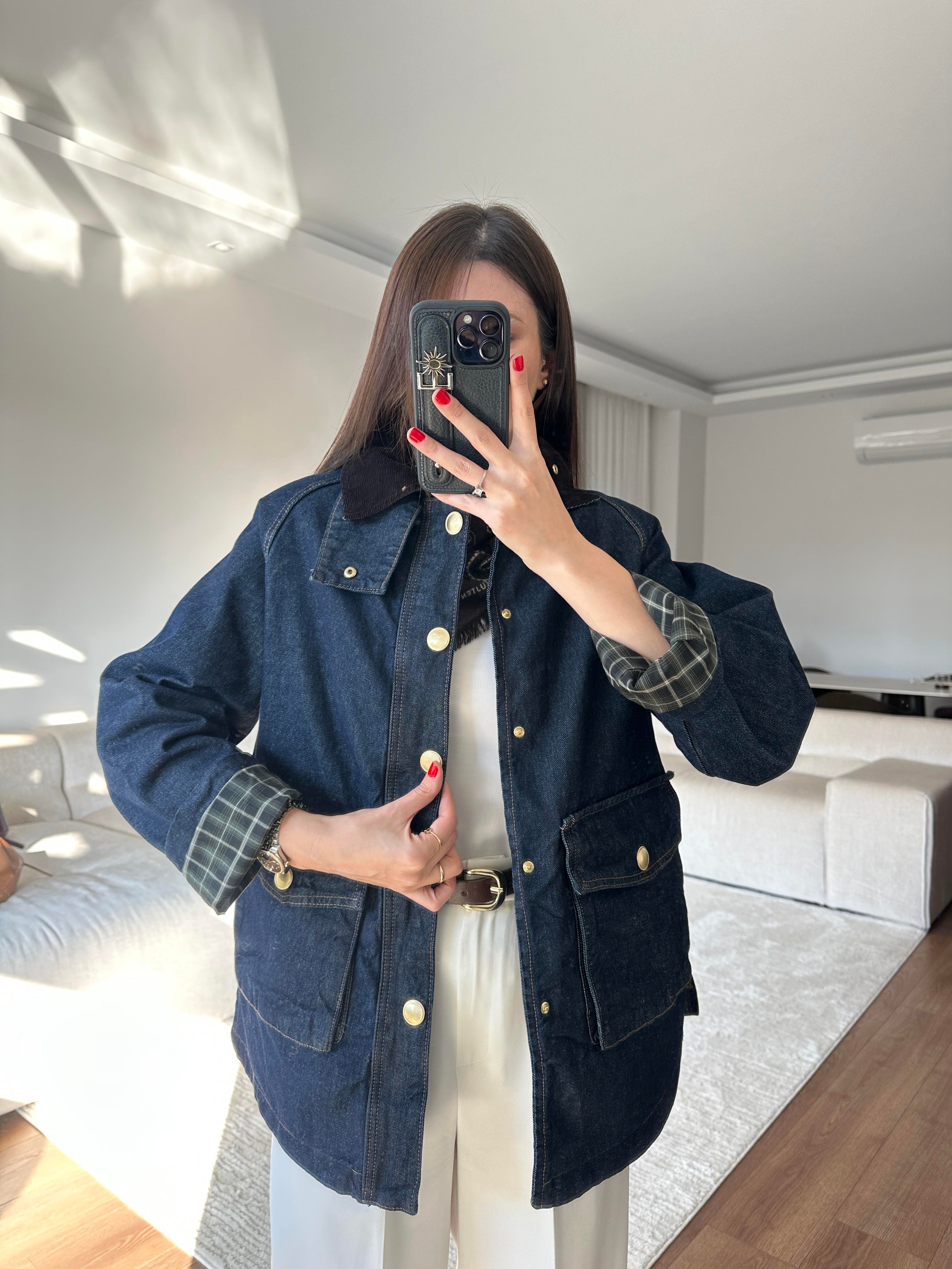 Ekose Detaylı Denim Ceket 