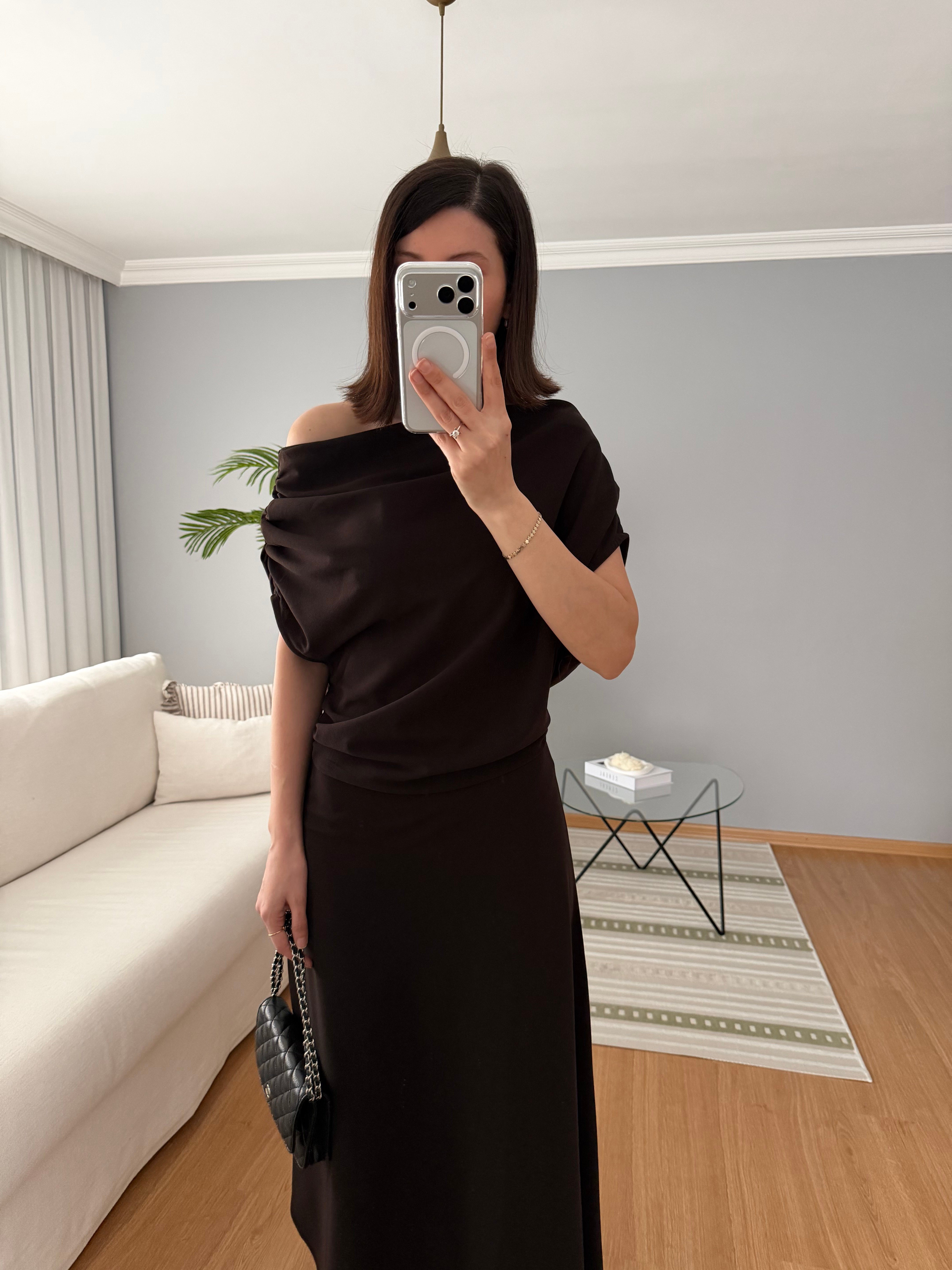 Evienne Kayık Yaka Kahve Rengi Elbise
