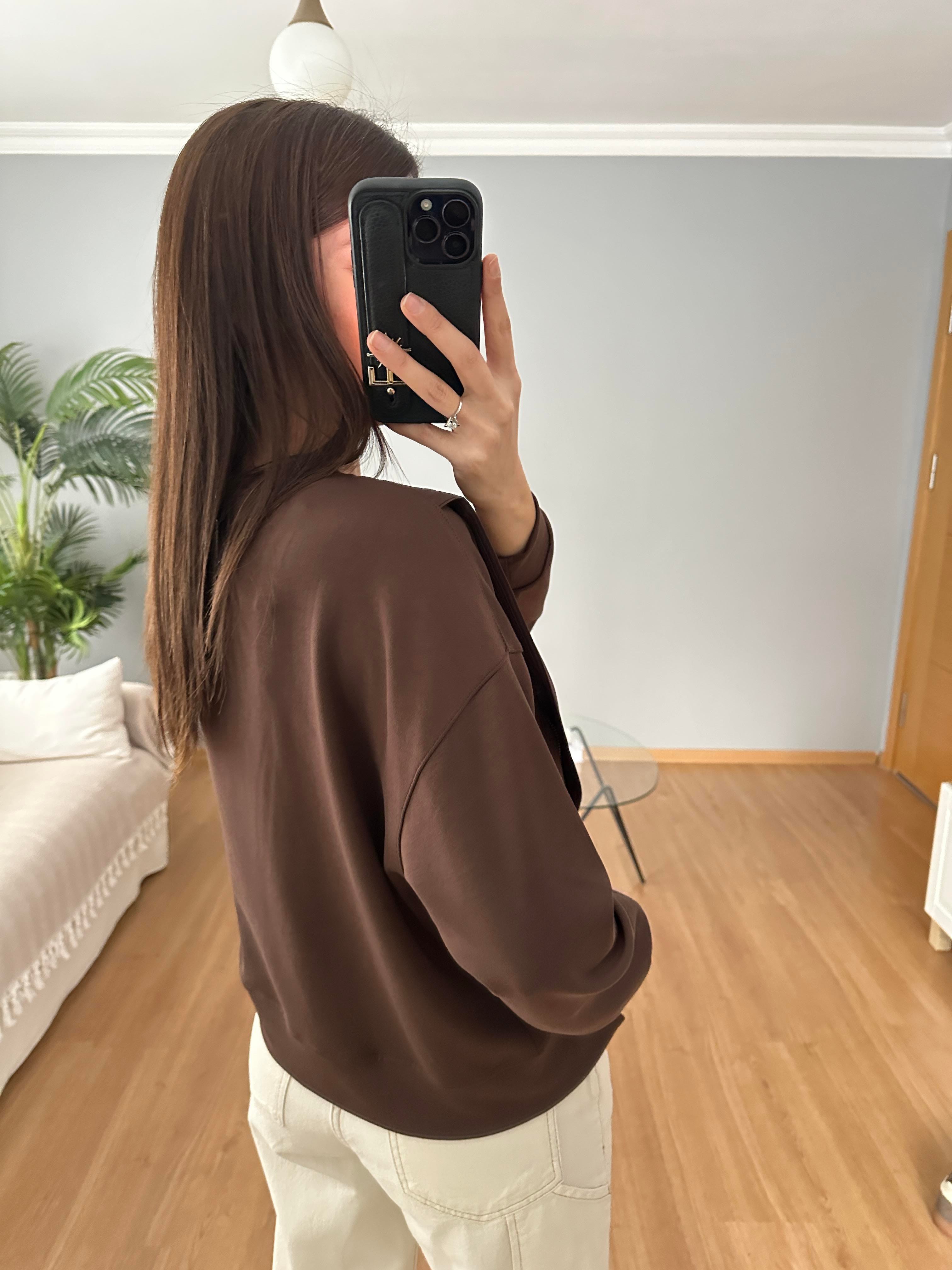Fermuar Aksesuarlı Kahve Sweatshirt
