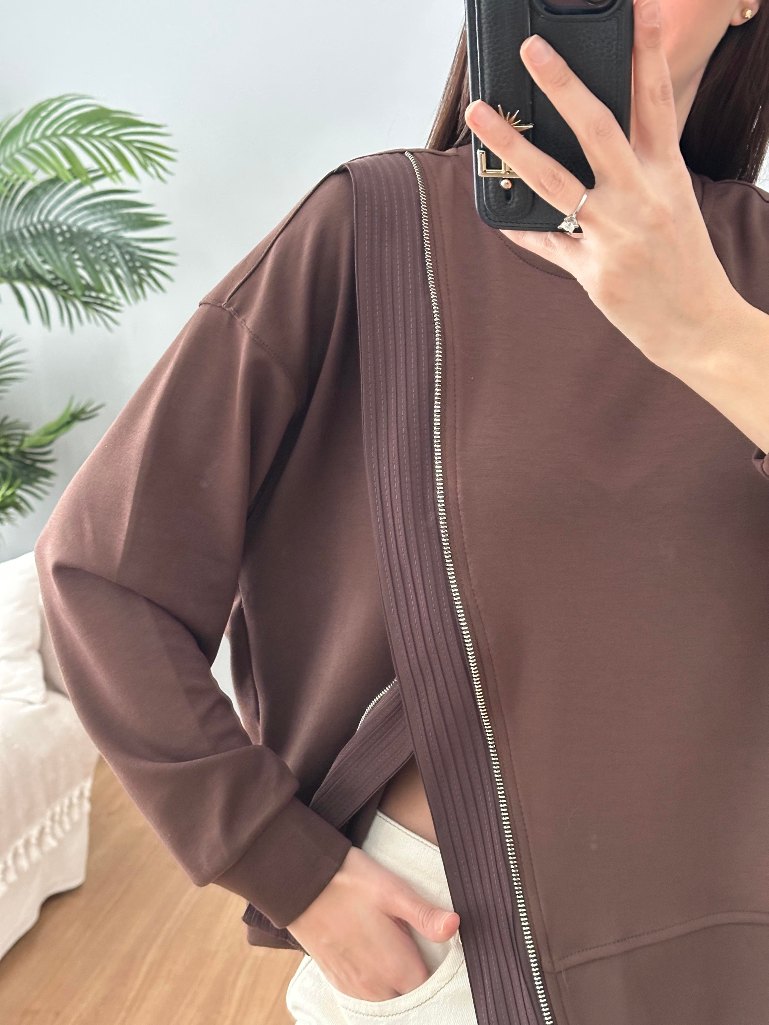 Fermuar Aksesuarlı Kahve Sweatshirt