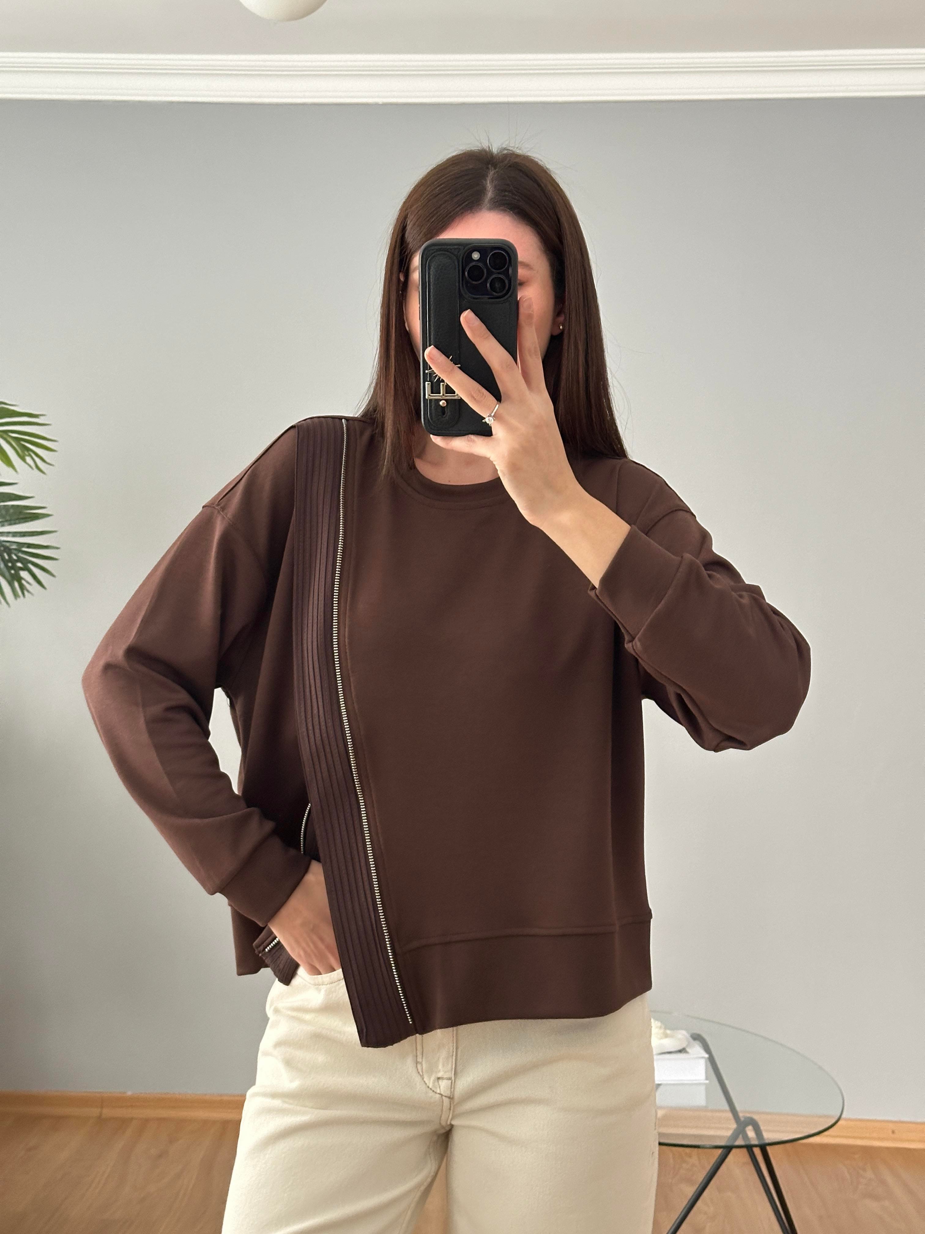Fermuar Aksesuarlı Kahve Sweatshirt