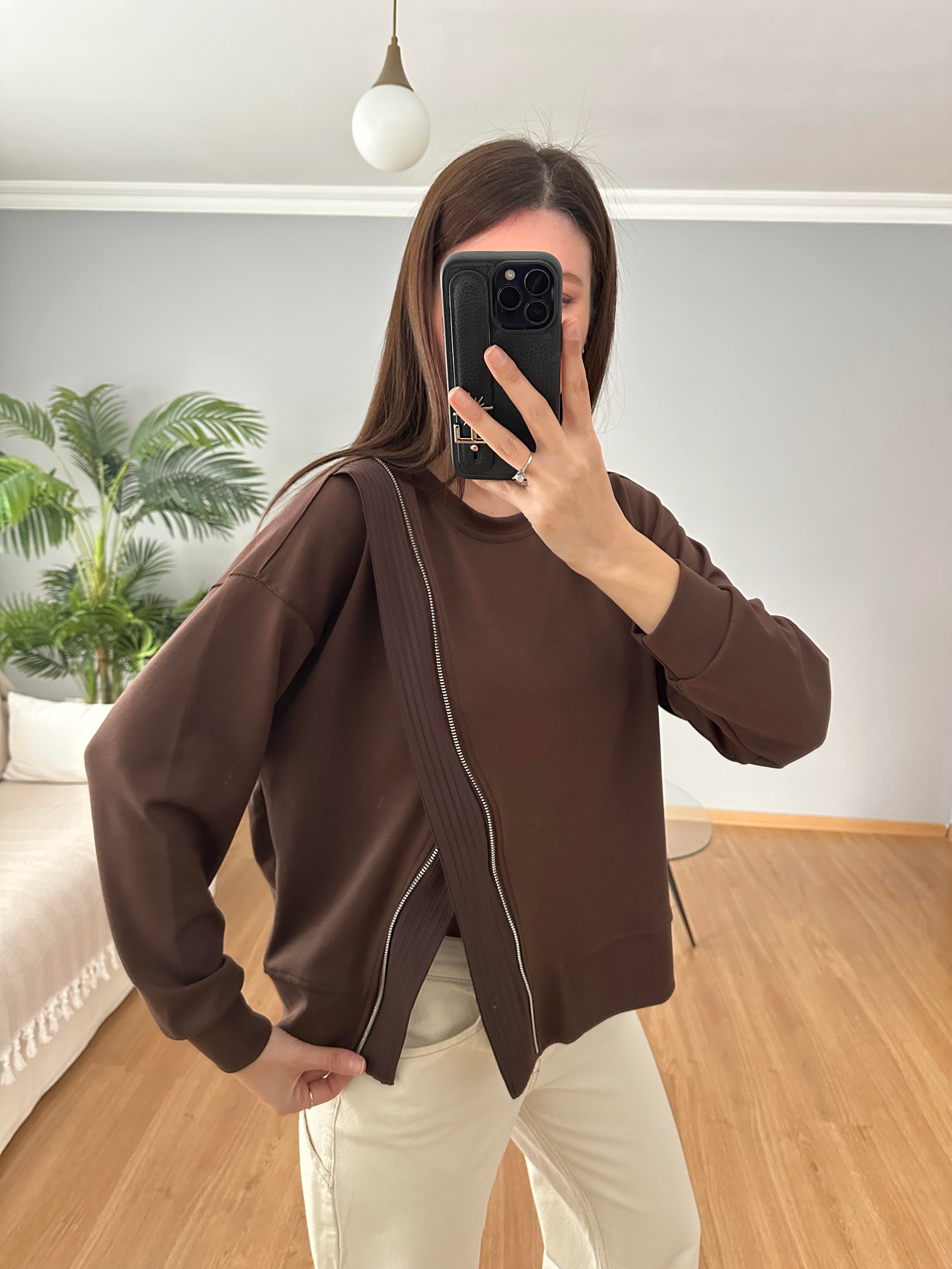 Fermuar Aksesuarlı Kahve Sweatshirt