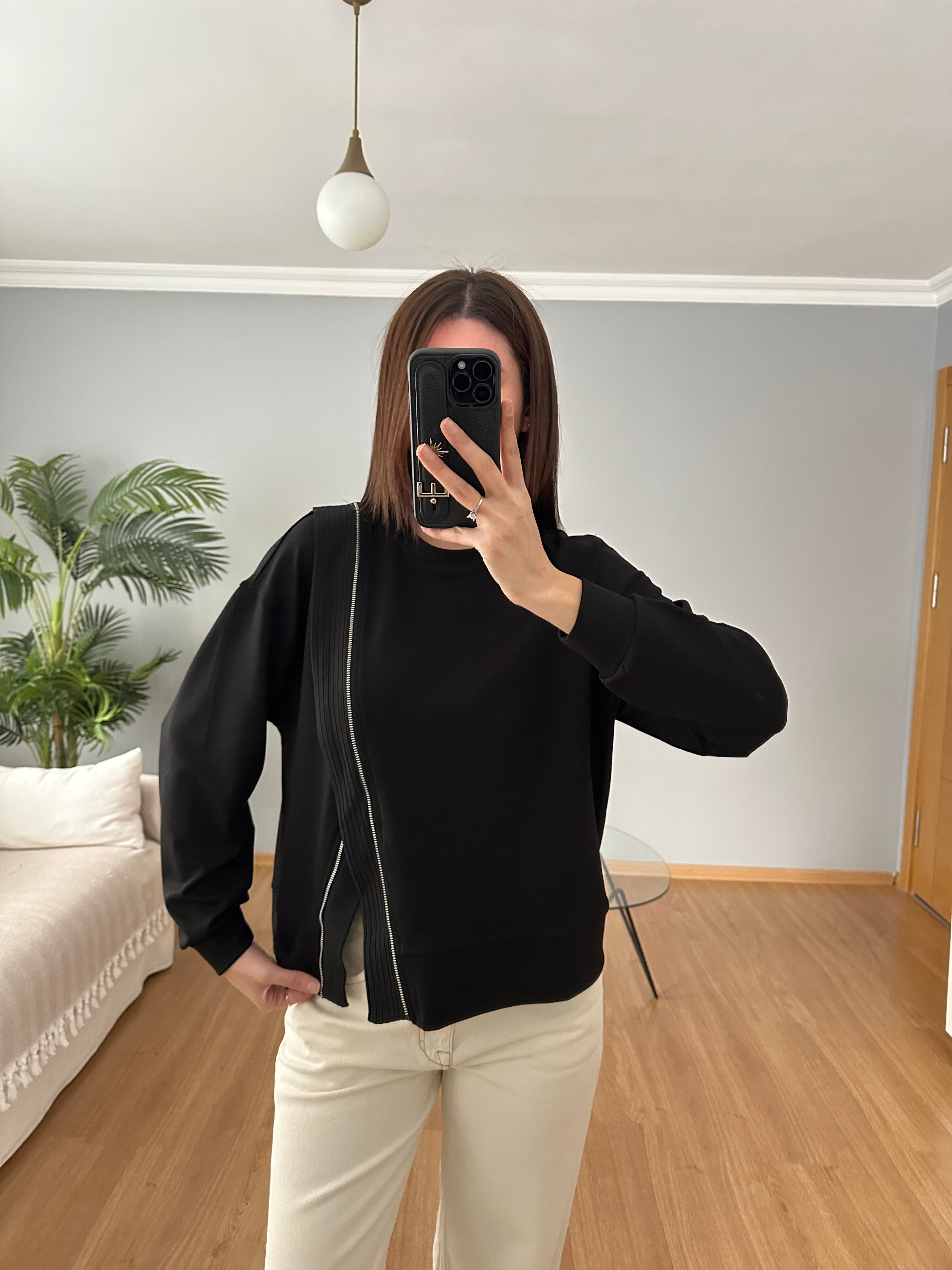 Fermuar Aksesuarlı Siyah Sweatshirt