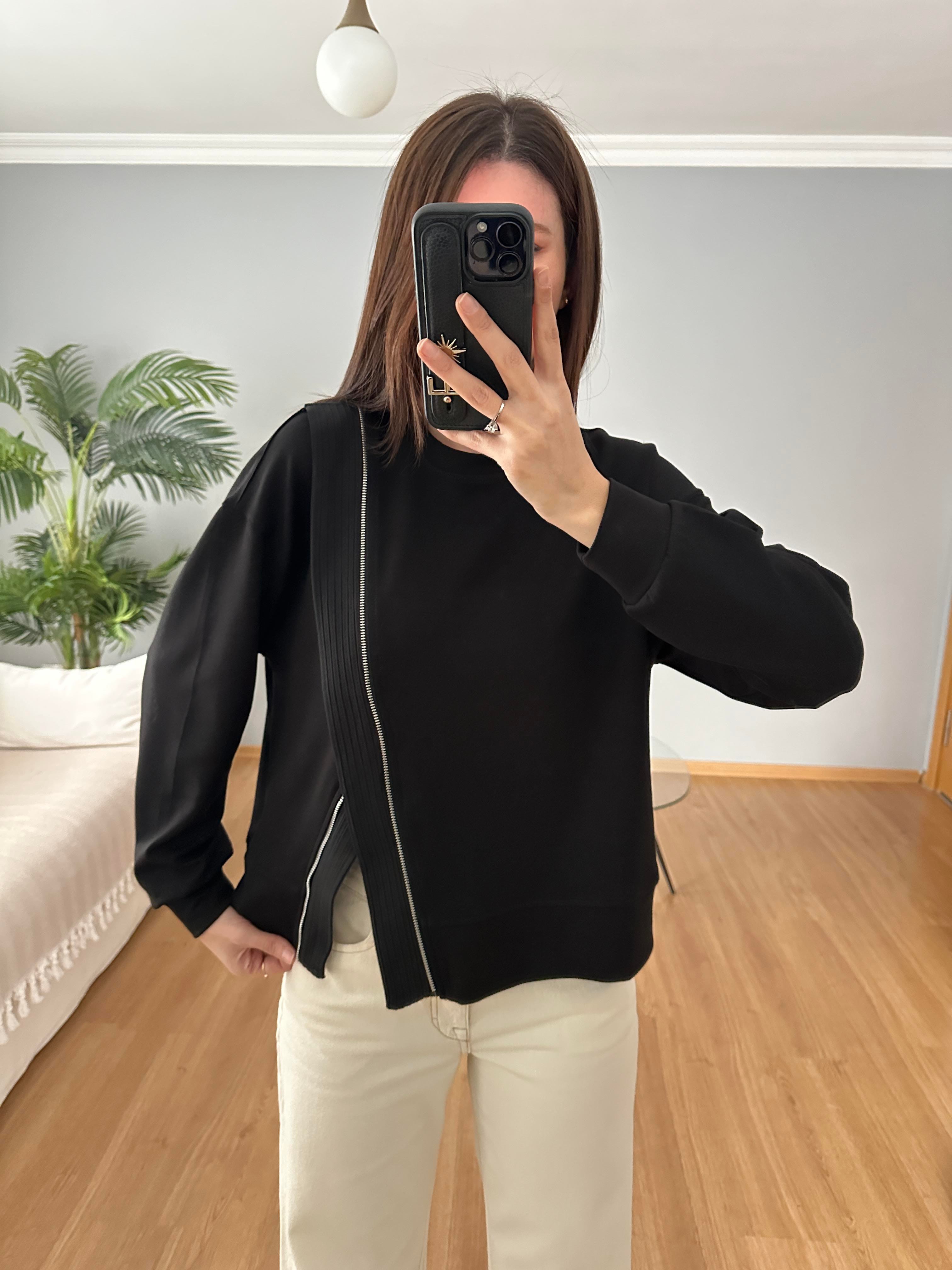 Fermuar Aksesuarlı Siyah Sweatshirt