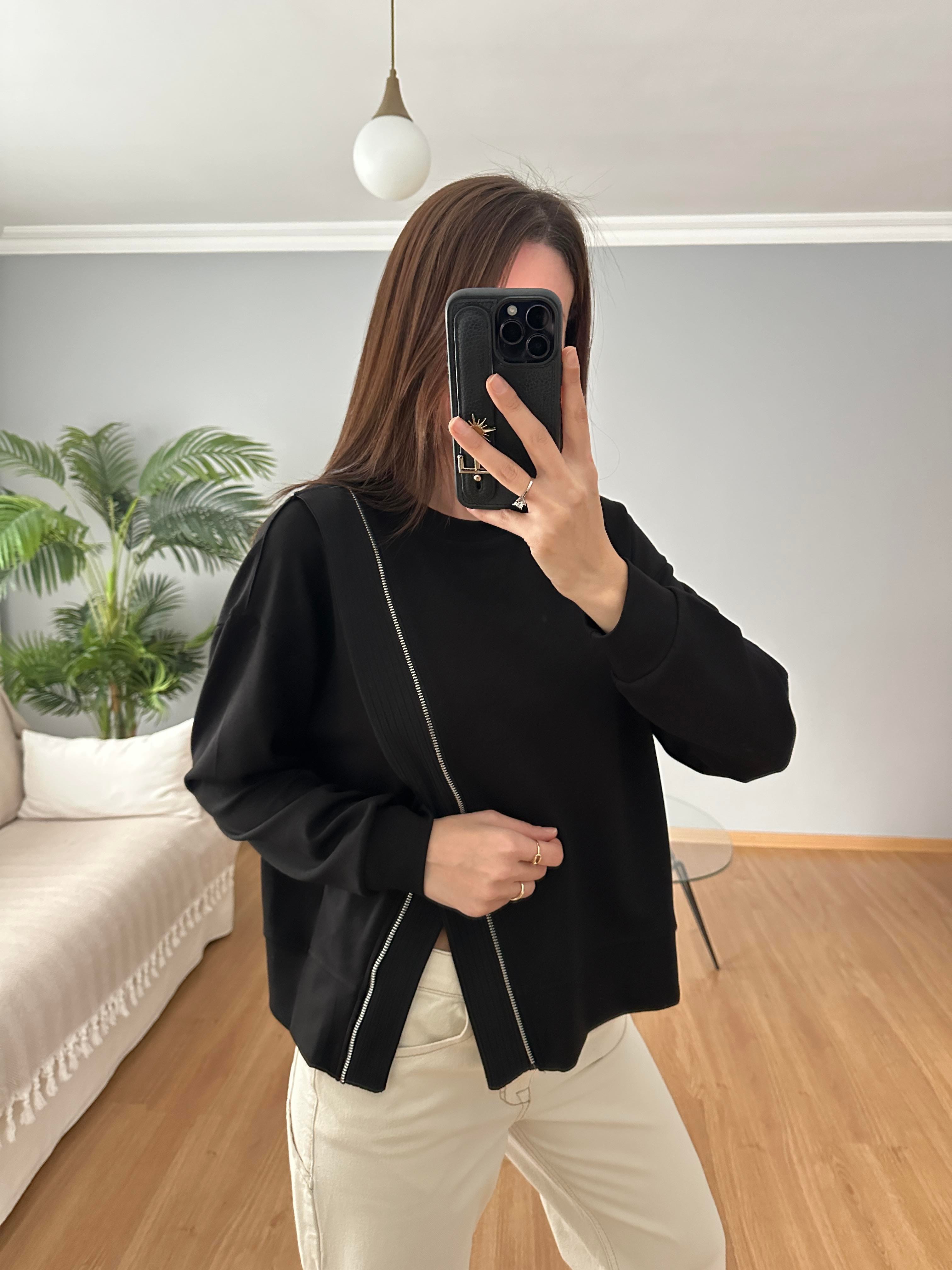 Fermuar Aksesuarlı Siyah Sweatshirt