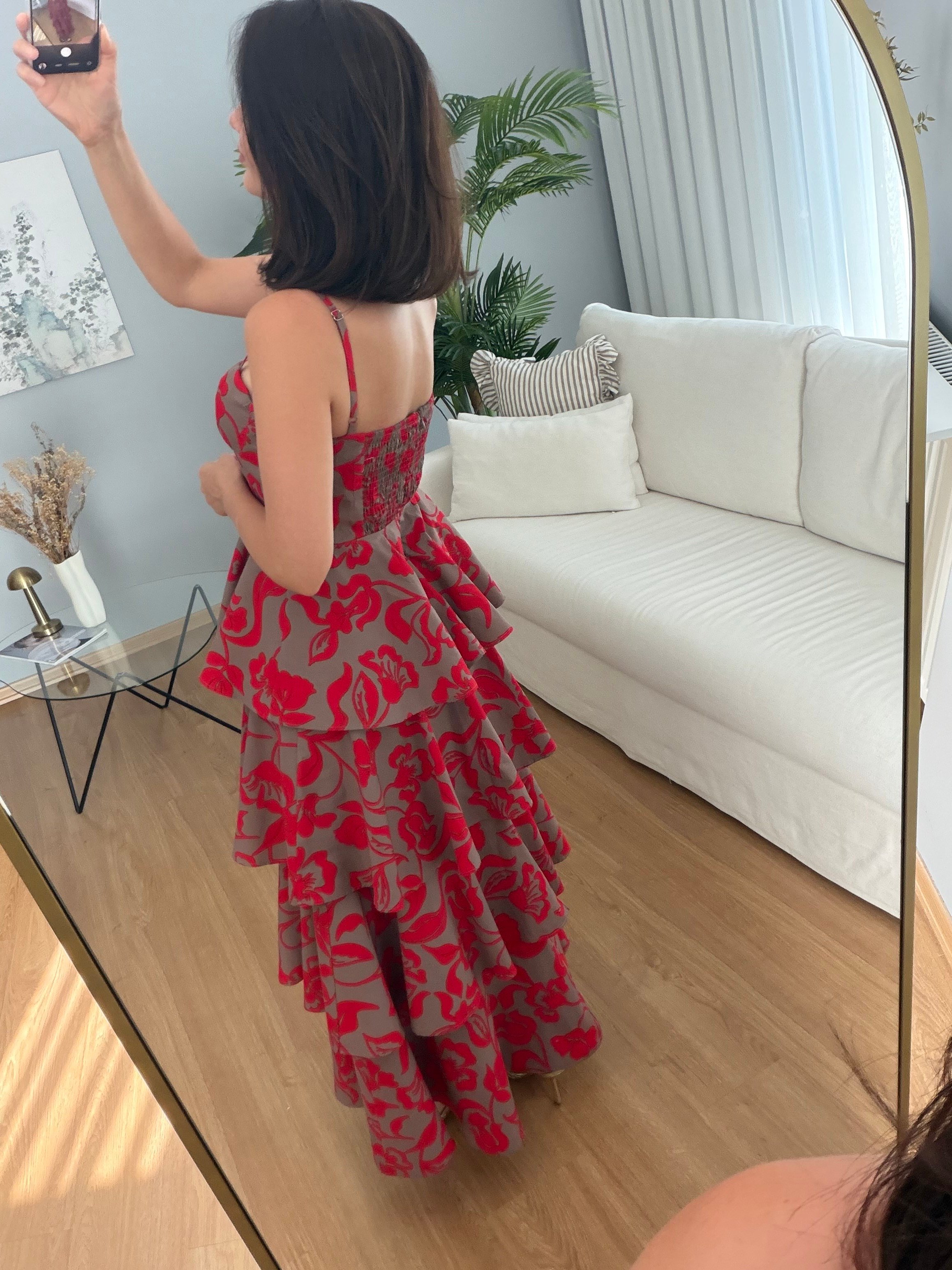 Floral Kırmızı Desenli Elbise 