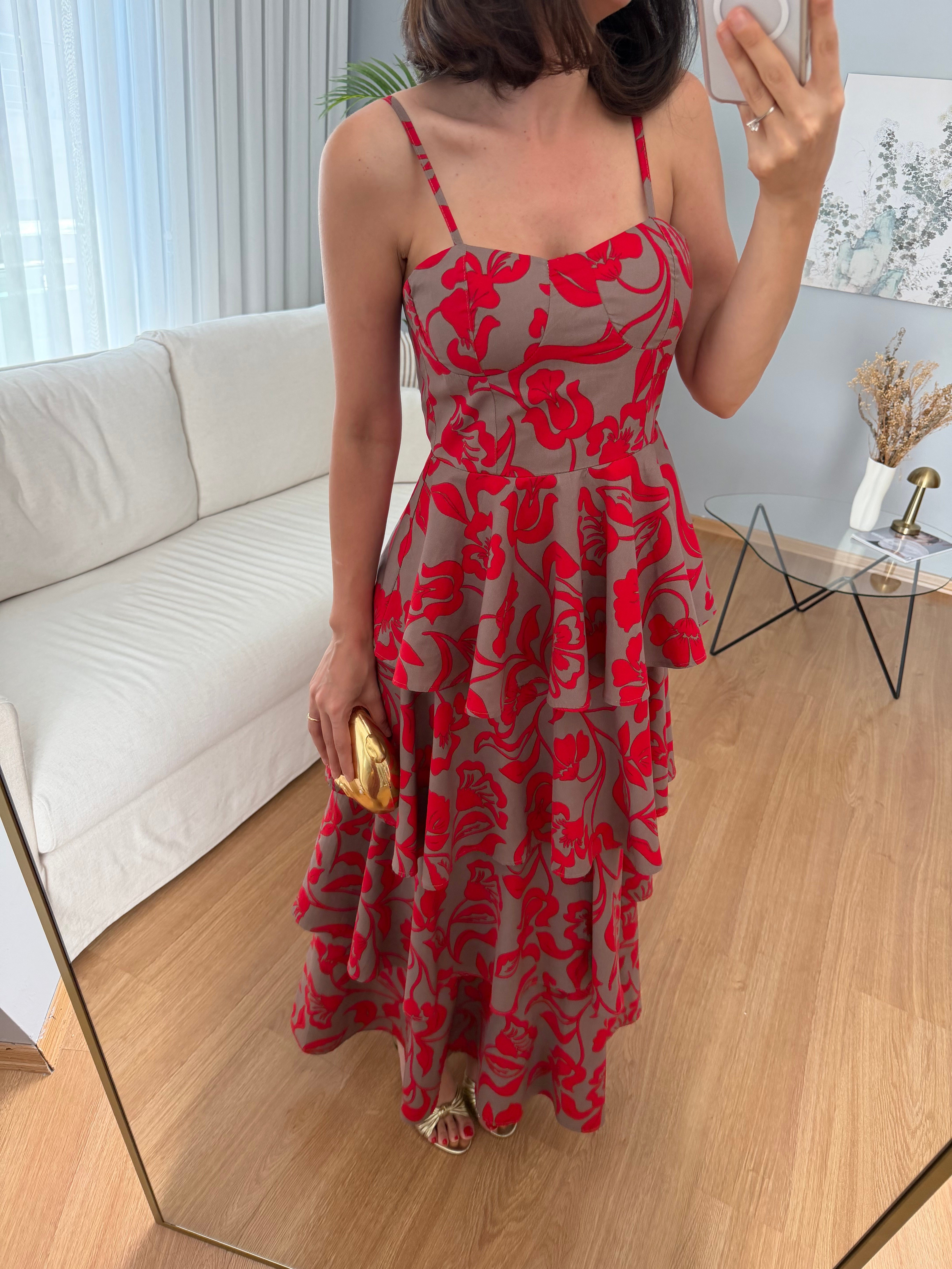 Floral Kırmızı Desenli Elbise 