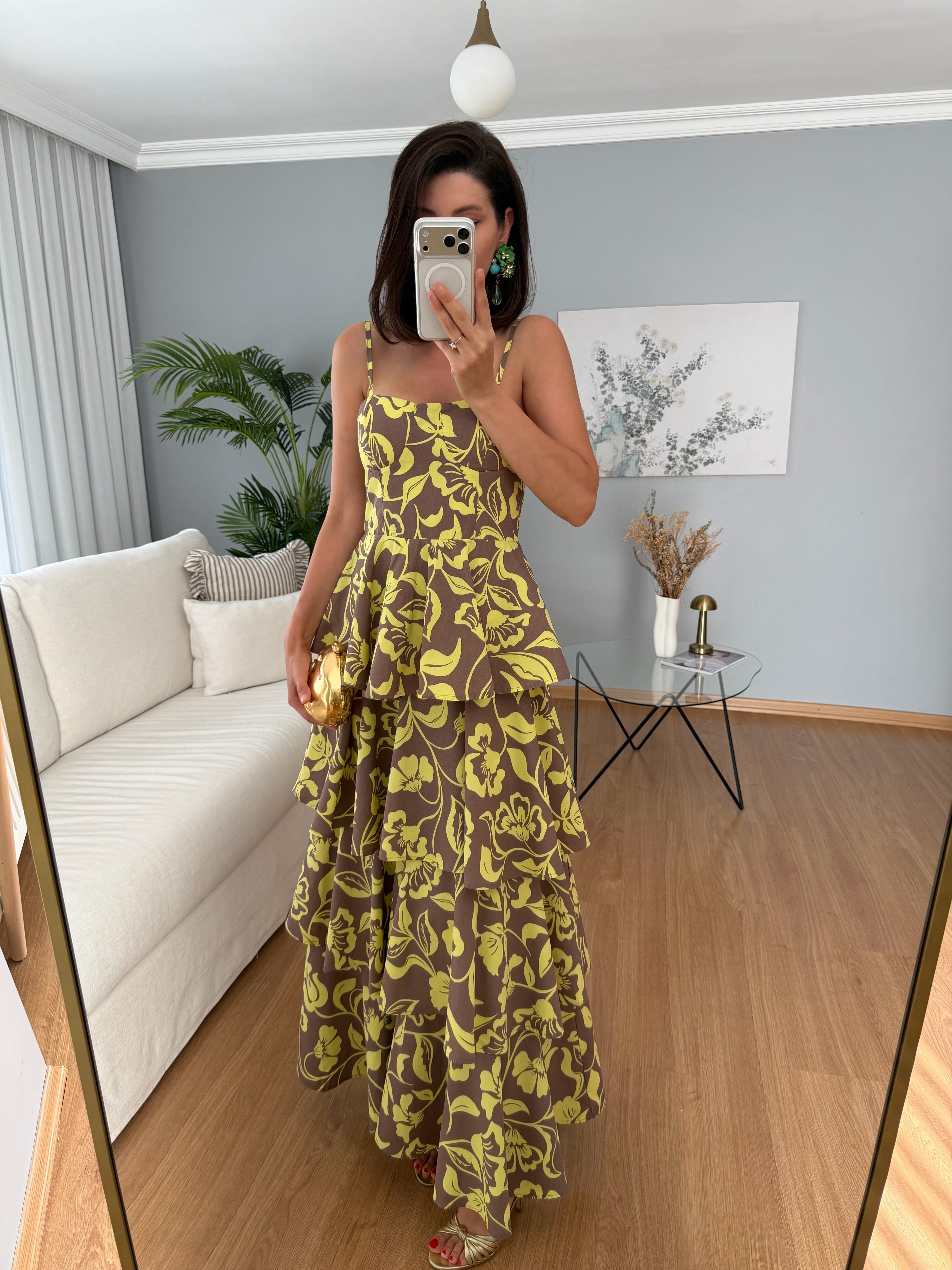Floral Sarı Desenli Elbise 