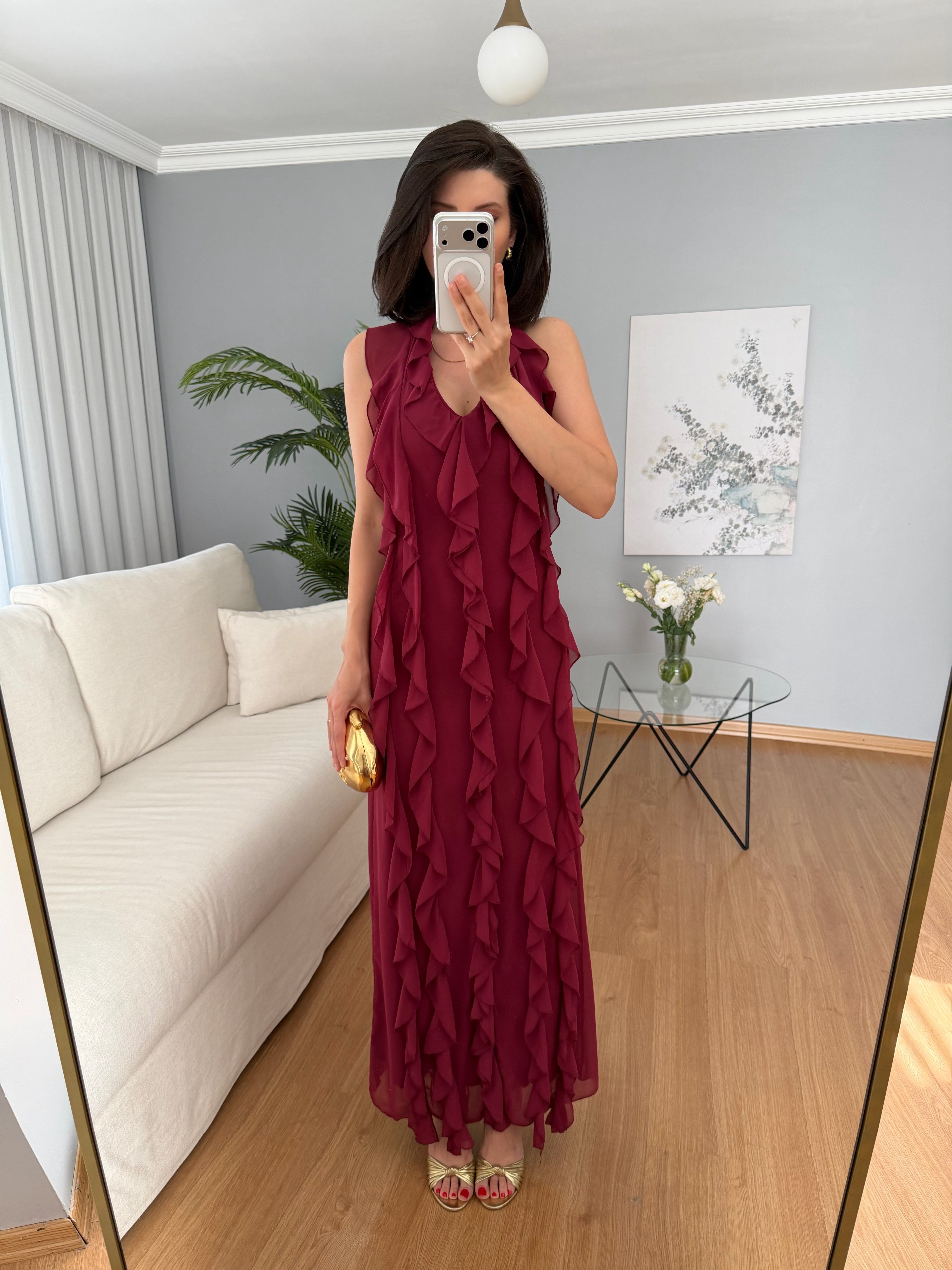 Fuego Bordo Renk Fırfır Elbise