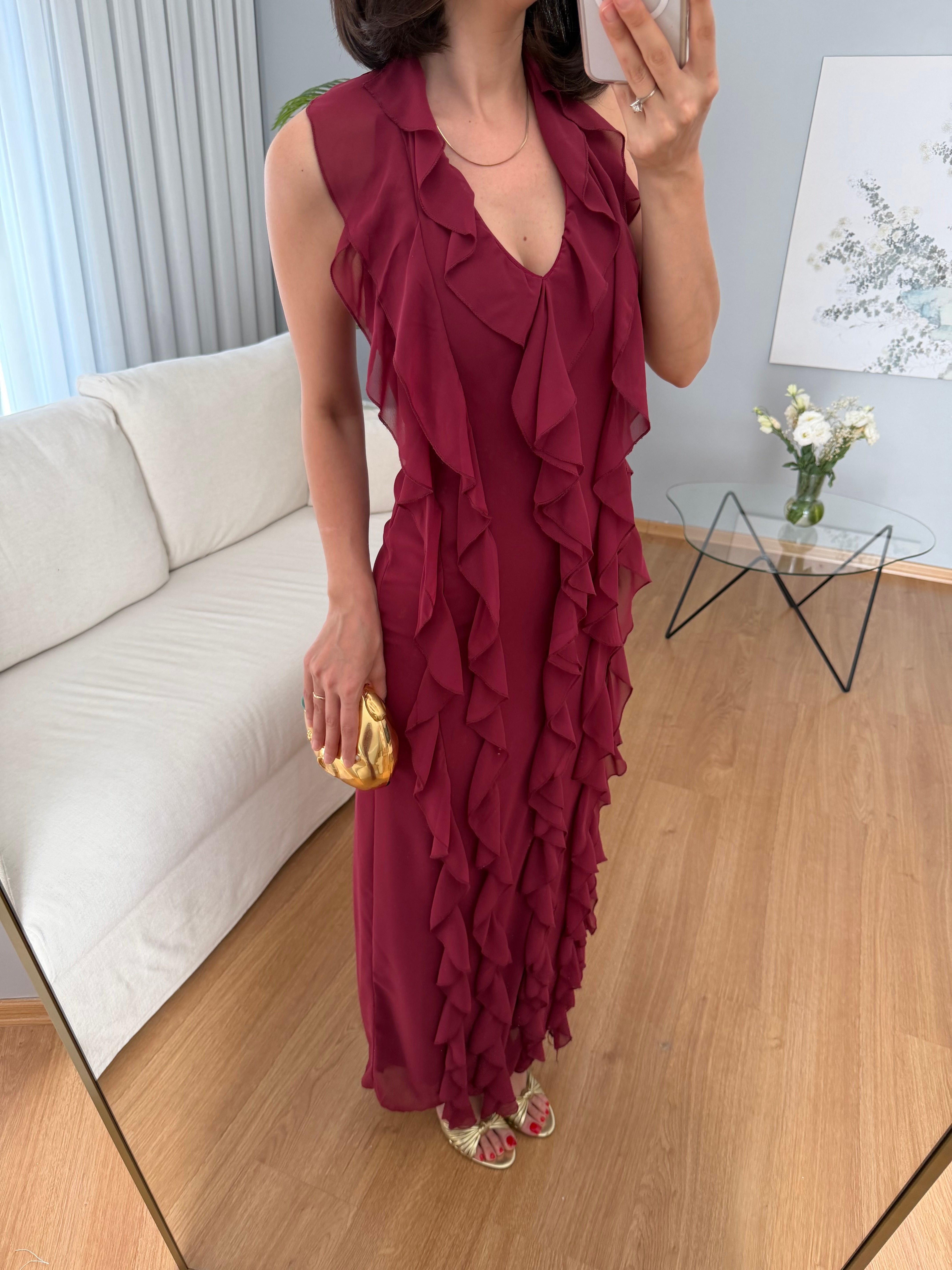 Fuego Bordo Renk Fırfır Elbise