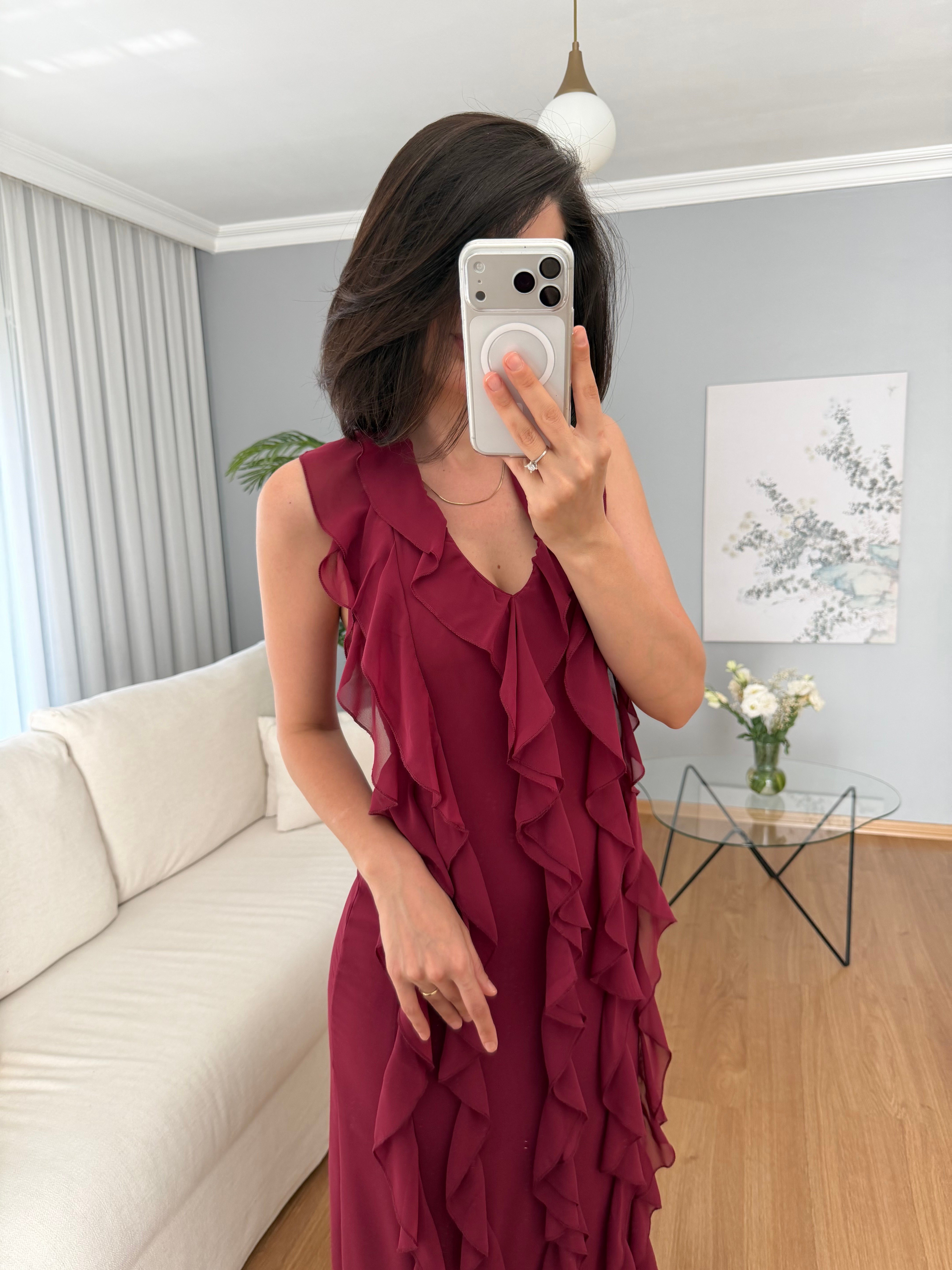 Fuego Bordo Renk Fırfır Elbise
