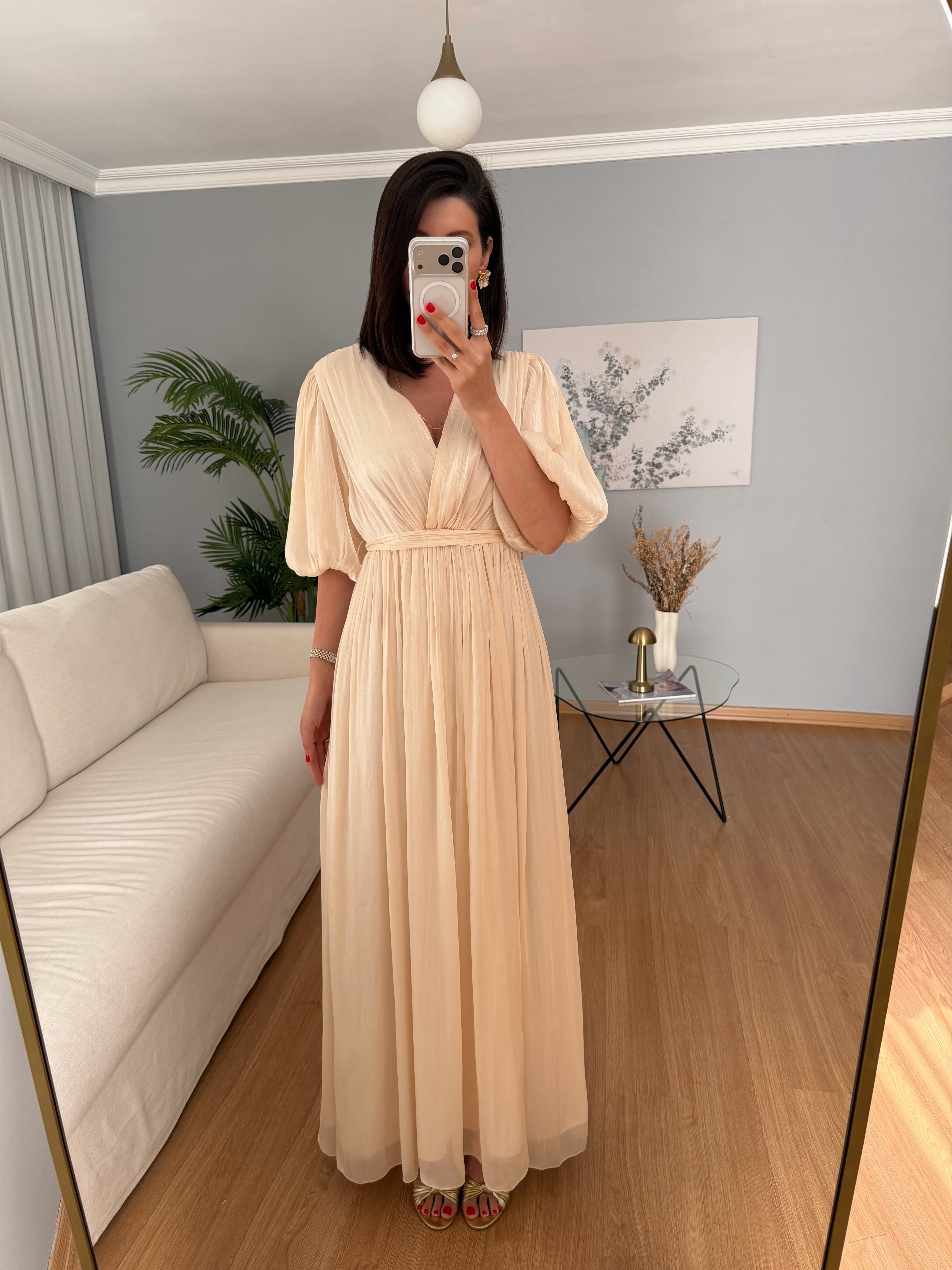 Gia İthal Kumaş Bej Rengi Maxi Elbise 