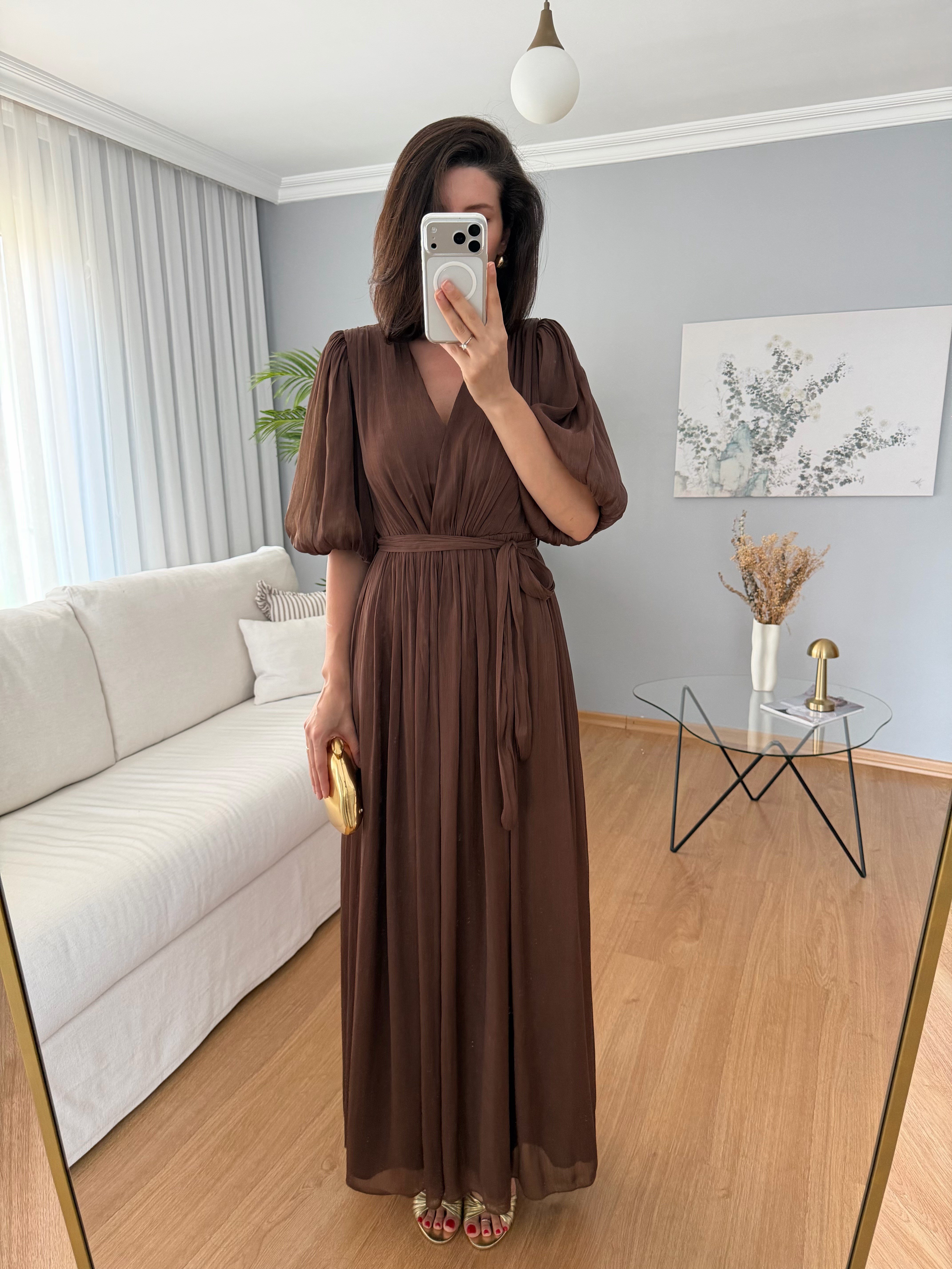 Gia İthal Kumaş Kahve Rengi Maxi Elbise 