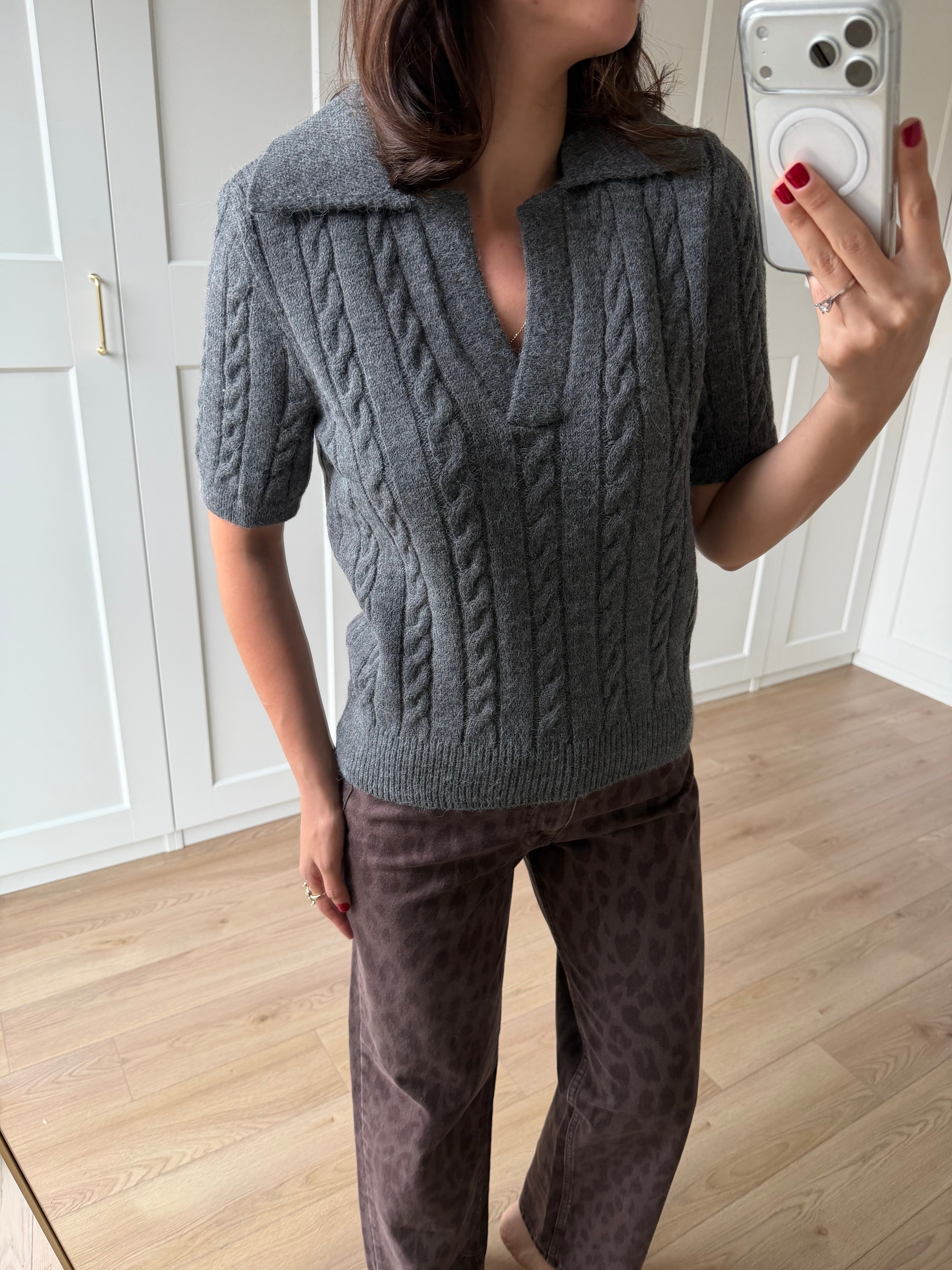 Gri Örgü Model Polo Yaka Triko