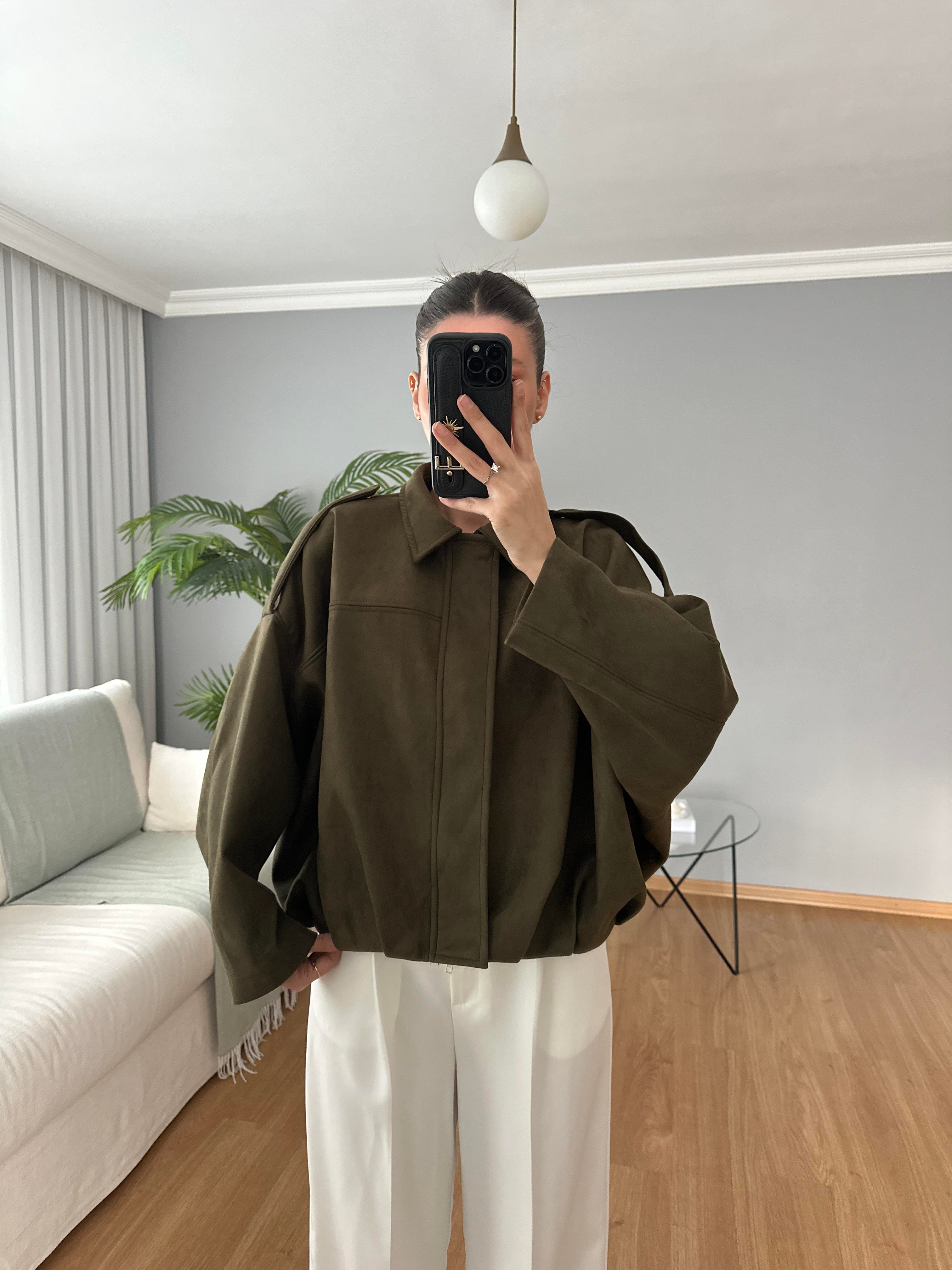 Haki Bomber Süet Ceket  