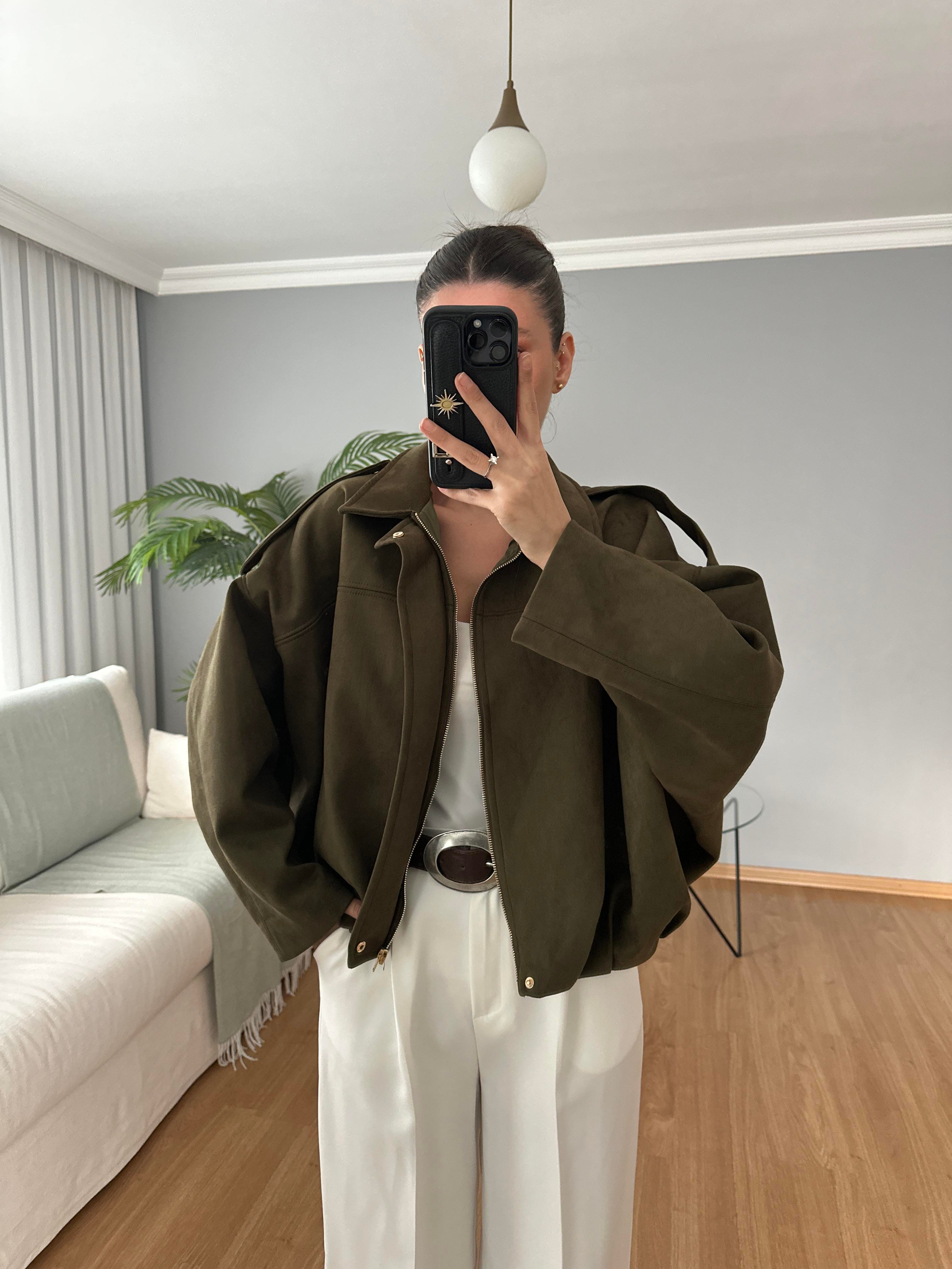 Haki Bomber Süet Ceket  