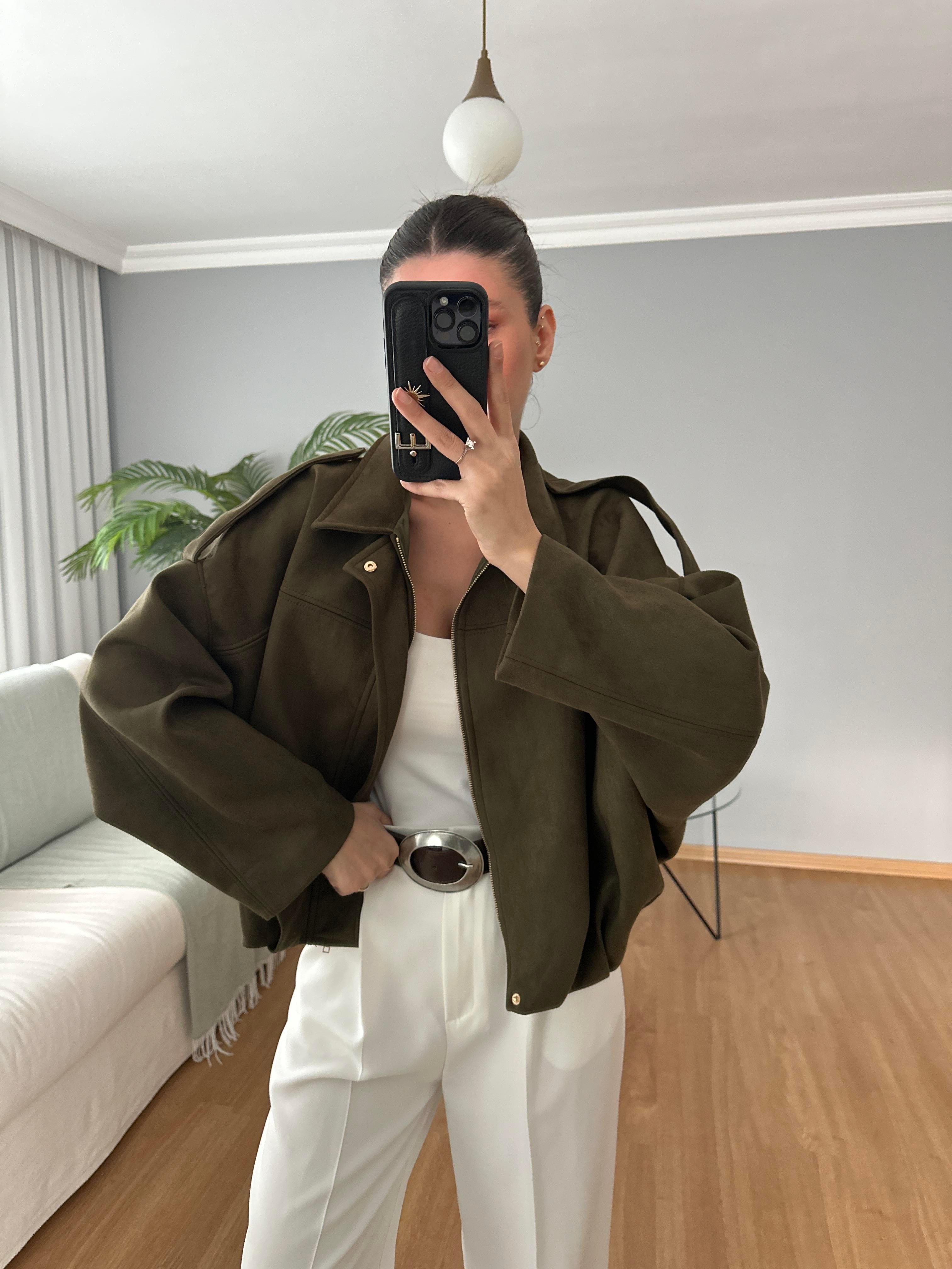 Haki Bomber Süet Ceket  