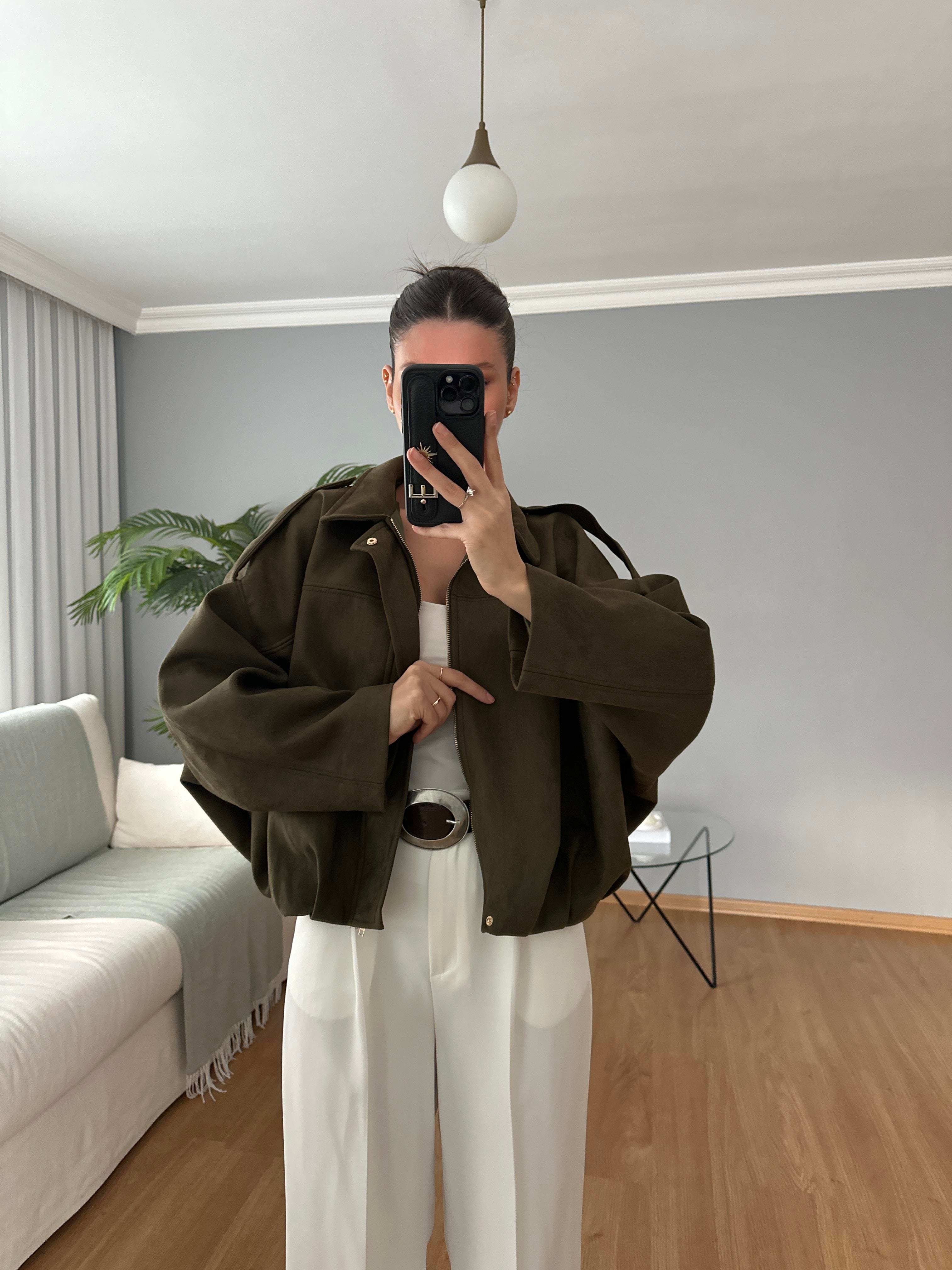 Haki Bomber Süet Ceket  