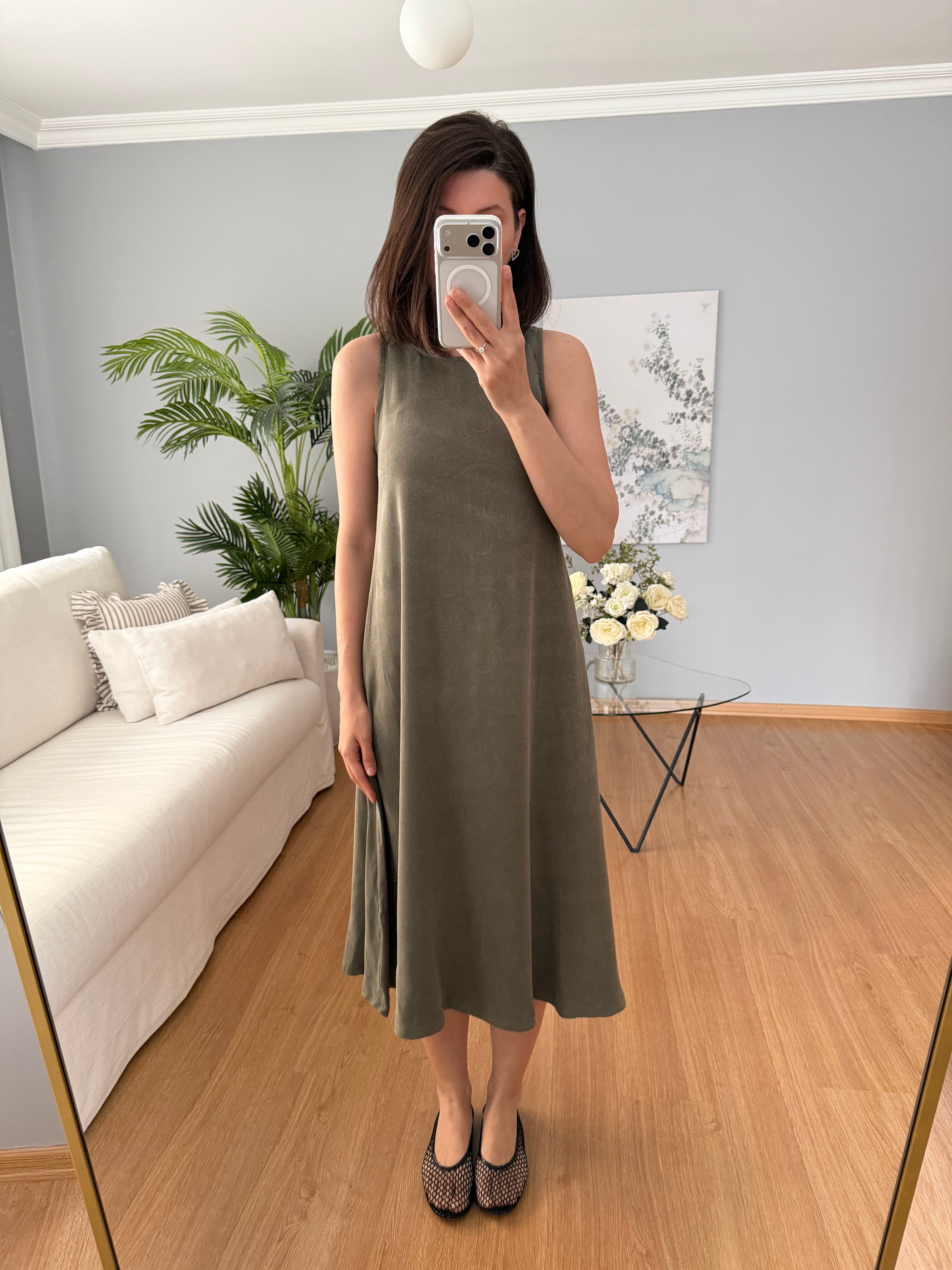 Jacquard Kloş Kesim Haki Renk Elbise