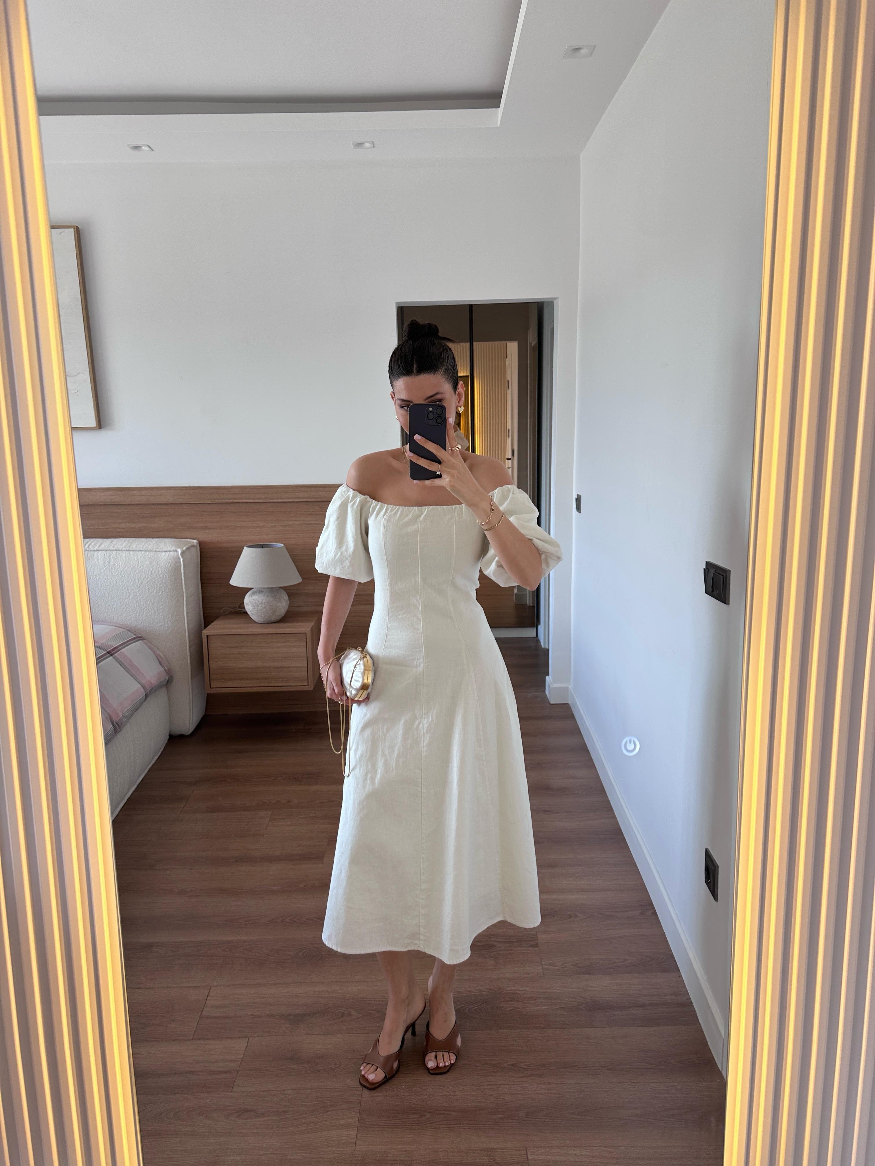 Jasmine Ekru Keten Elbise