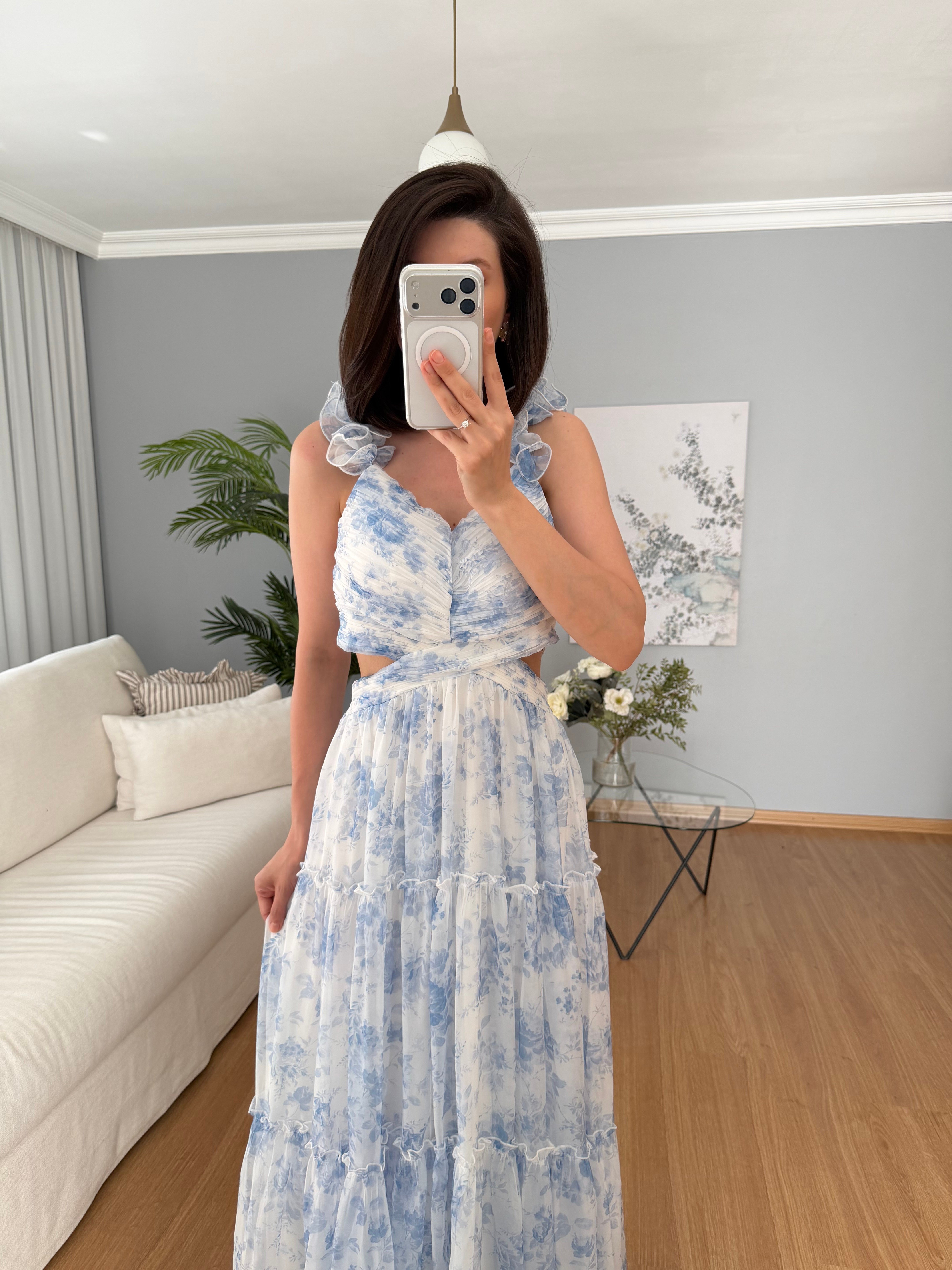 Jolie Yanları Pencereli Mavi Renk Elbise 