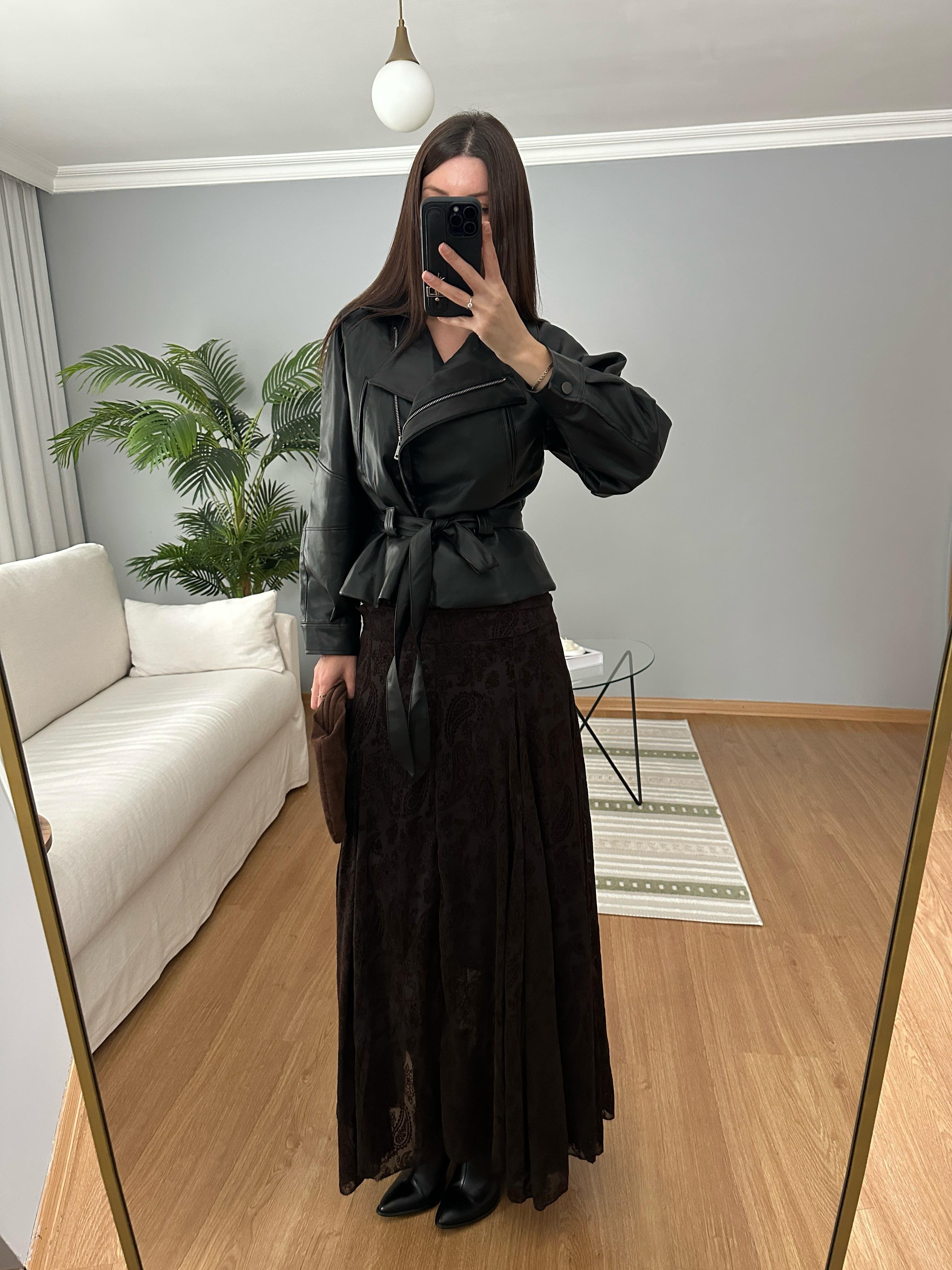 Kadife Desenli Şifon Etek