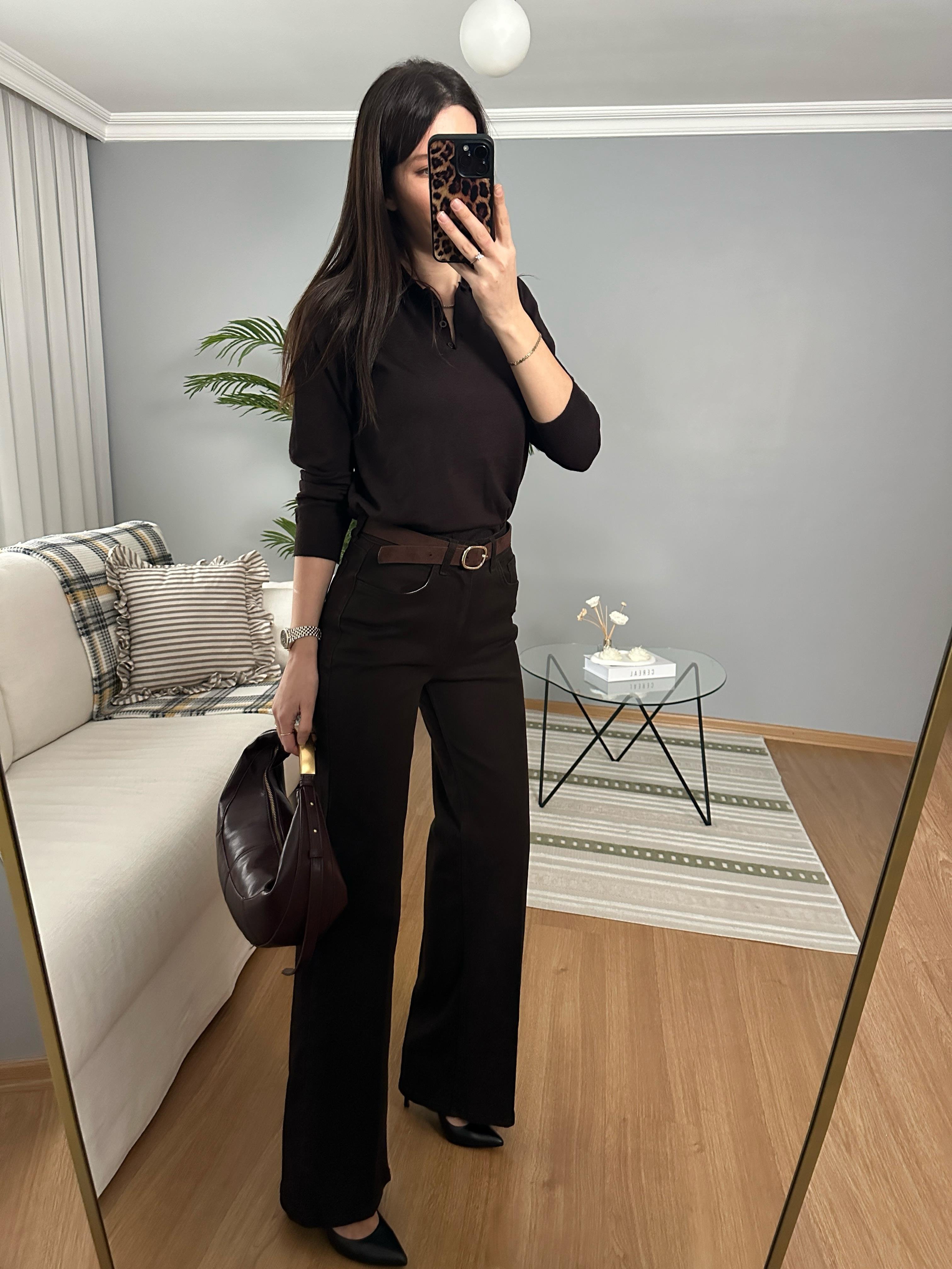 Kadife Kemerli Kahve Rengi Wide Leg Pantolon