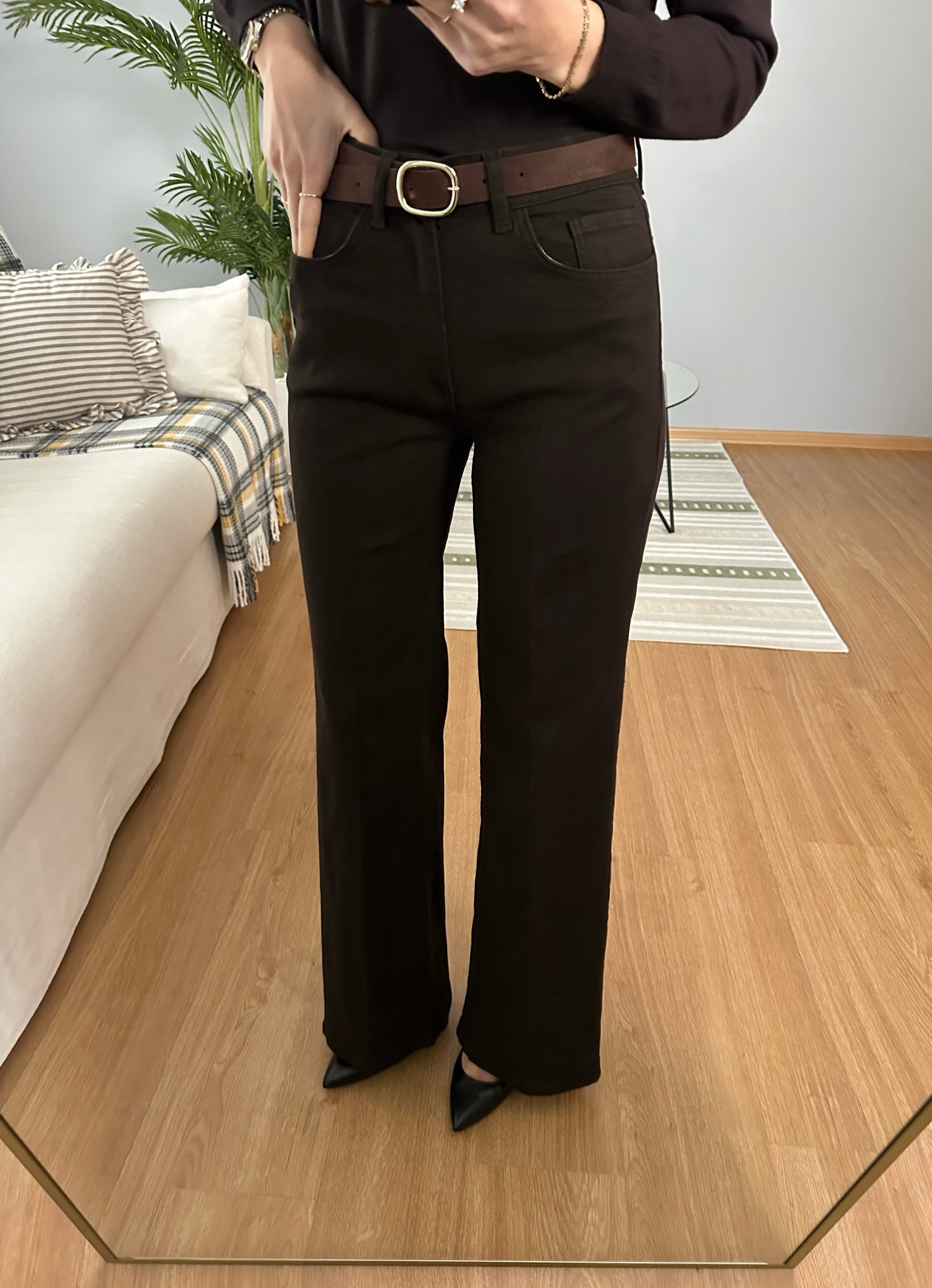 Kadife Kemerli Kahve Rengi Wide Leg Pantolon
